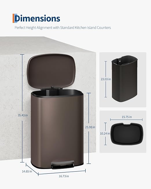 GarveeHome Stainless Steel Kitchen Trash Can, 13 Gal / 50 L Step-On Garbage Bin - Image 6
