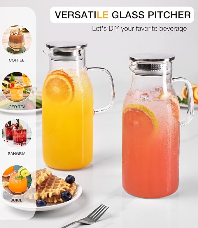 Glass Pitcher with Lid, 2 Liter 68oz Water Pitcher with Handle - Image 2