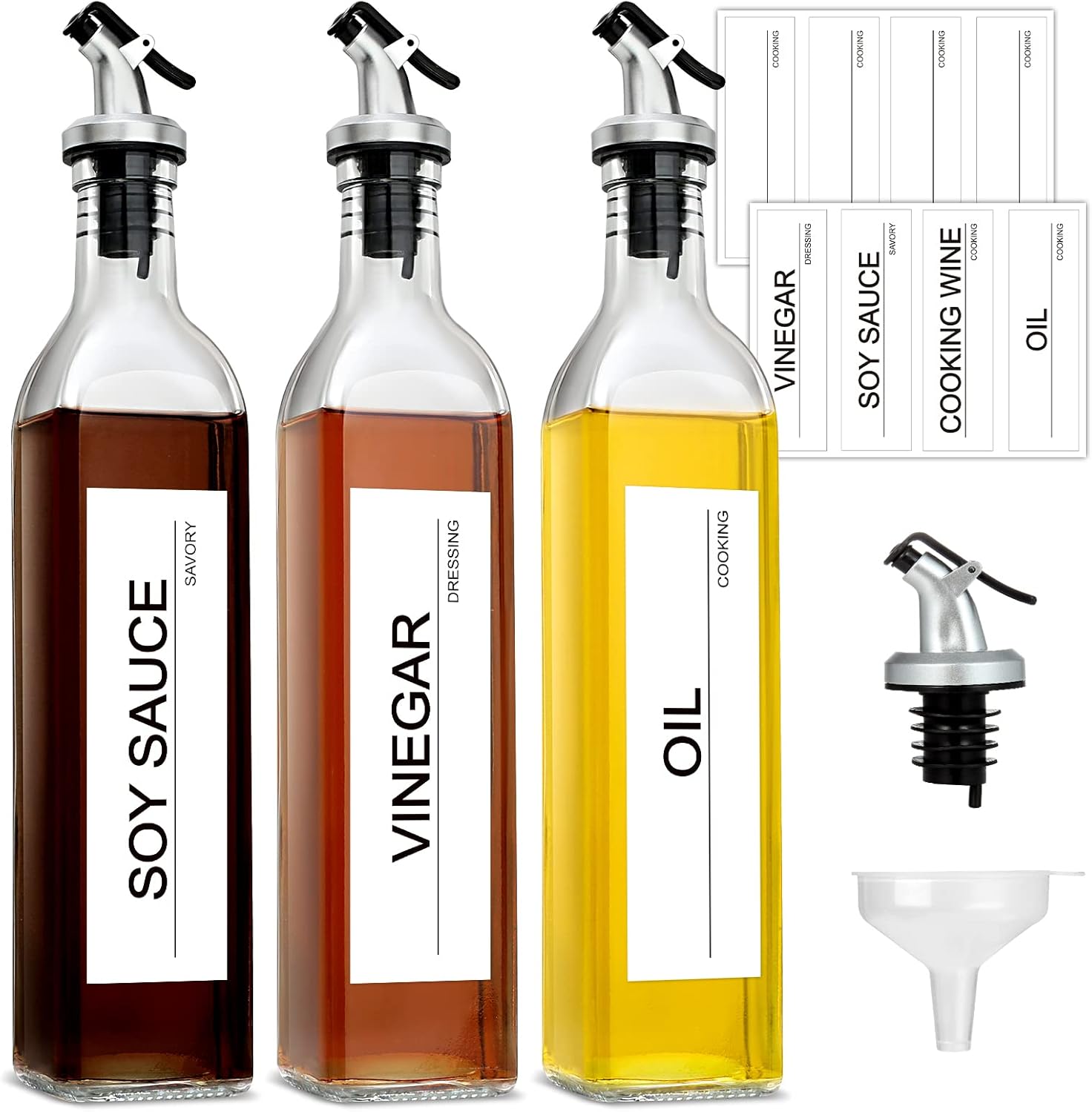 GMISUN Olive Oil Dispenser And Vinegar Bottle 3 Pack 17oz, For Kitchen, Glass Cooking Oil Container Cruet with Pourer Spout, Funnel And Labels, Clear