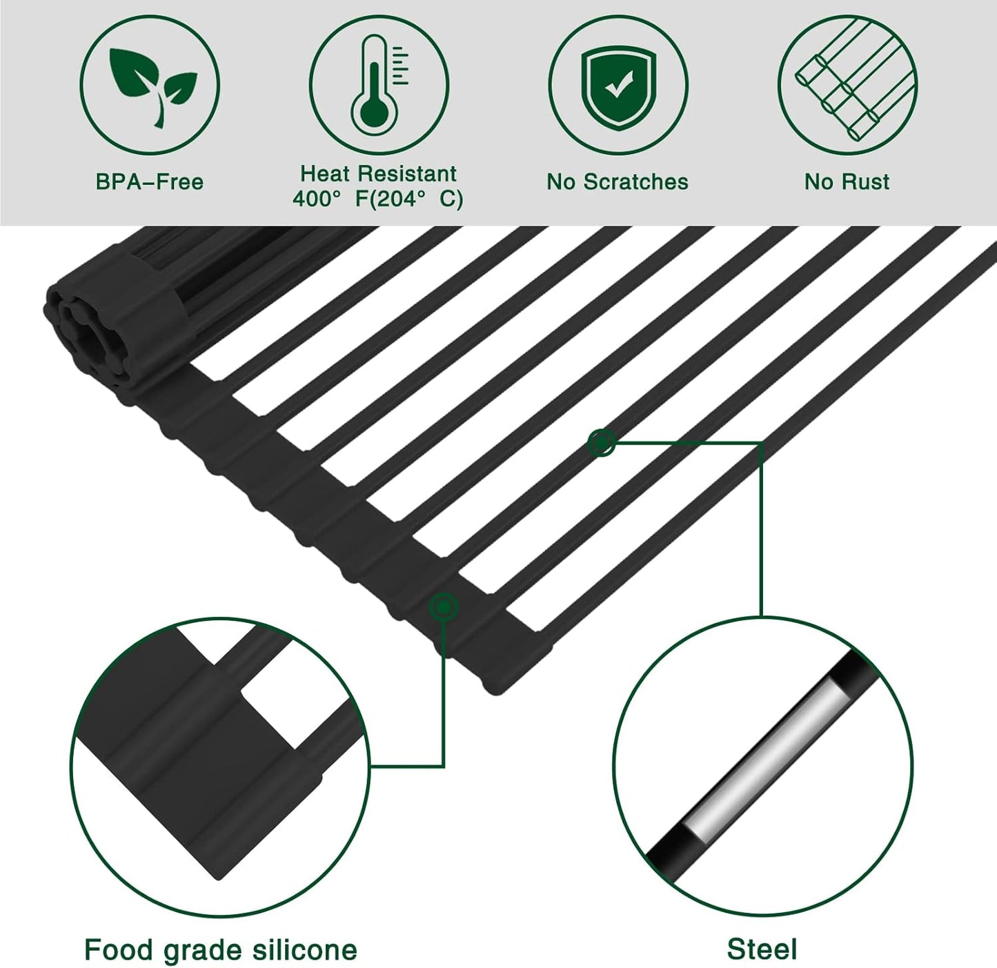 Roll Up Dish Drying Rack Over The Sink Kitchen Roll Up Sink Drying Rack Multipurpose Foldable Sink Drying Mat, Heat-Resistant, Anti-Slip & Anti-Rust Dish Rack for Kitchen, 20.5" x 13", Black