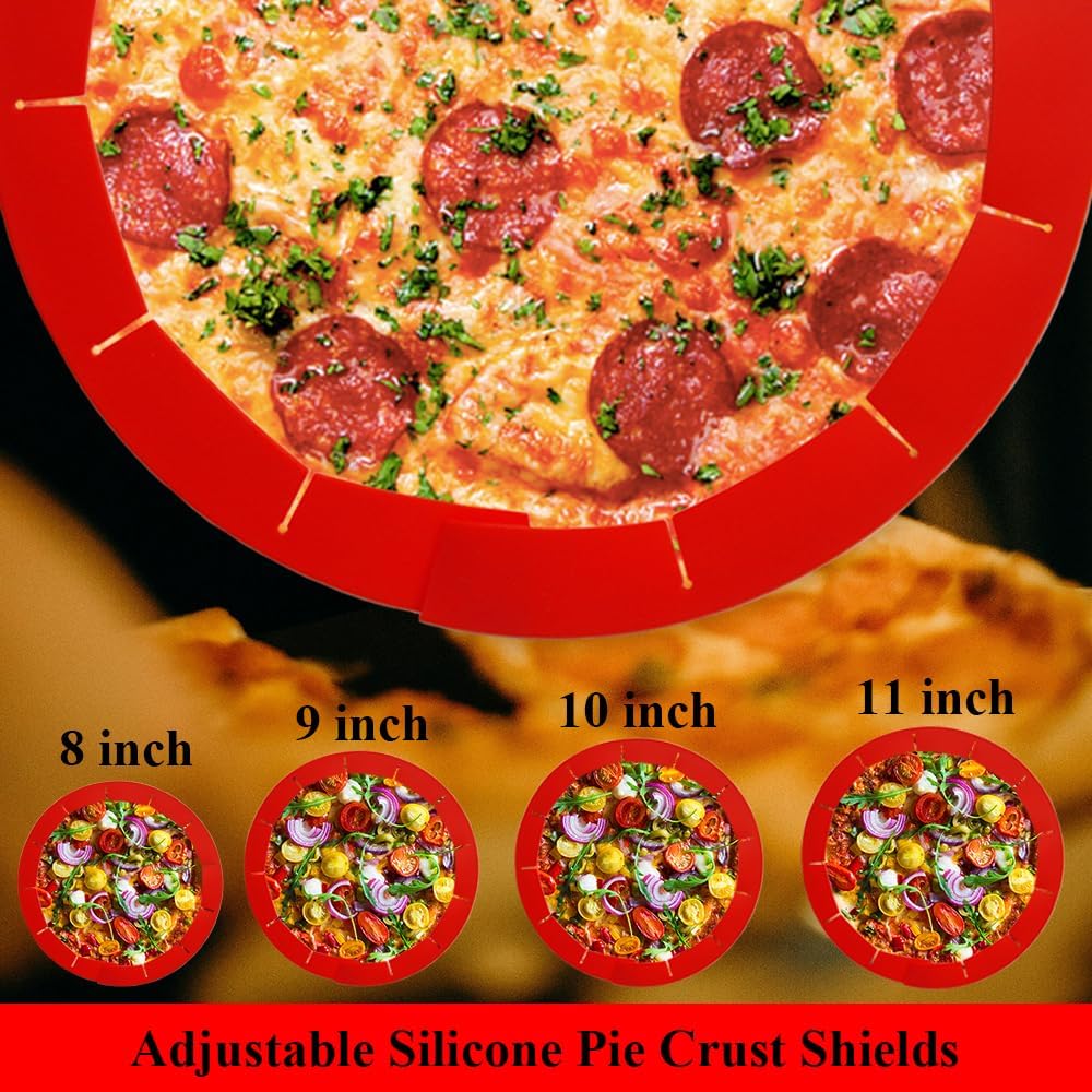 Adjustable Pie Crust Shields, Silicone Baking Protectors, Cover Ring Tools Fits 8-11.4 Inch Pies, Baking Pie Pizza Crust Shield Protector Cover for Edges ﻿ (Red 2 + Blue 2)