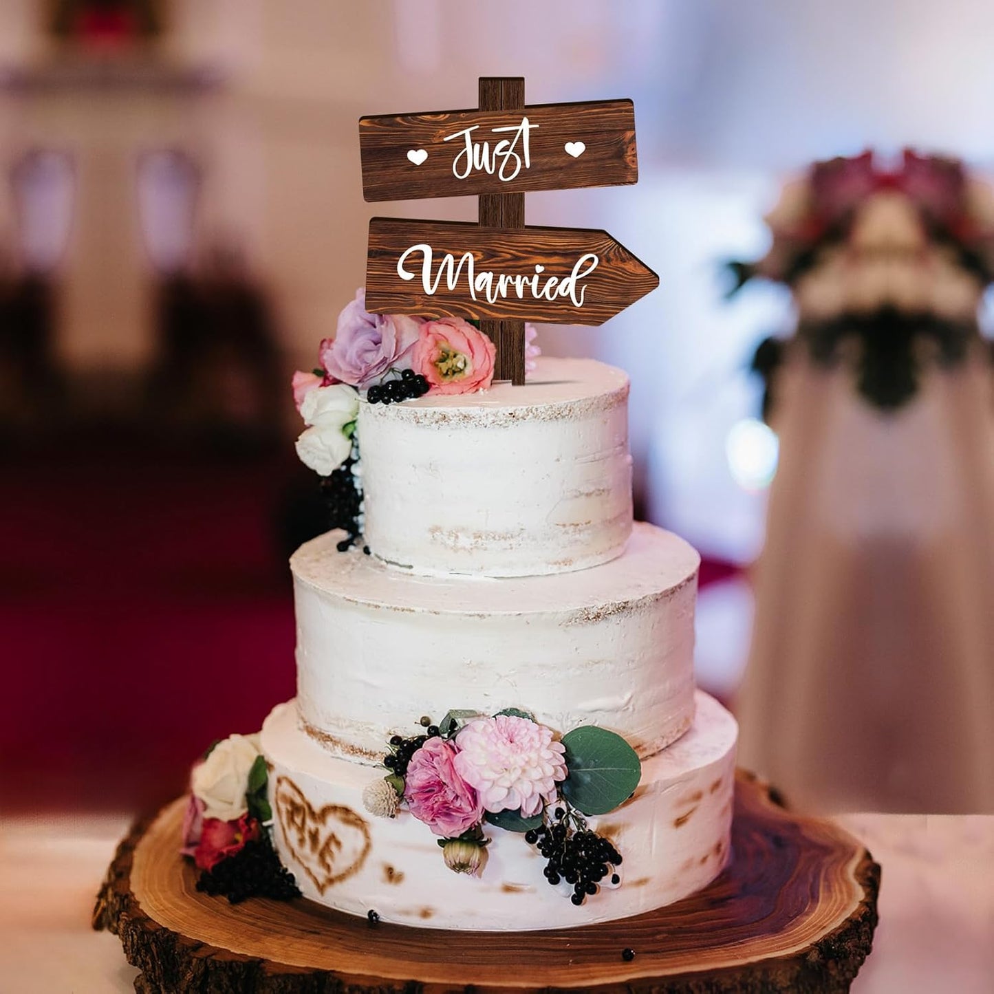 Rustic Just Married Wedding Cake Topper in Wood Wedding Cake Decoration