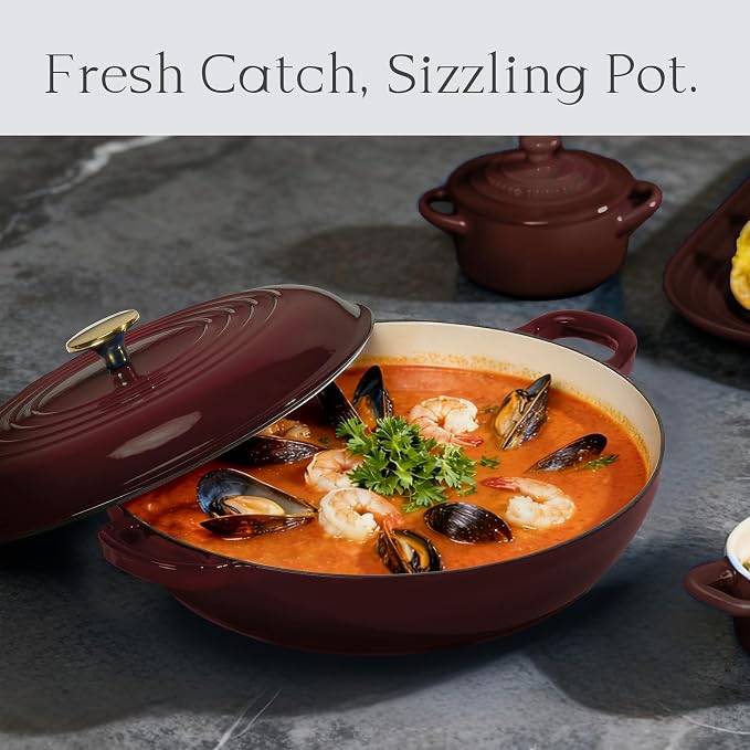 CAROTE 3.4QT Enameled Cast Iron Braiser Pan, Shallow Dutch Oven Casserole - Image 4