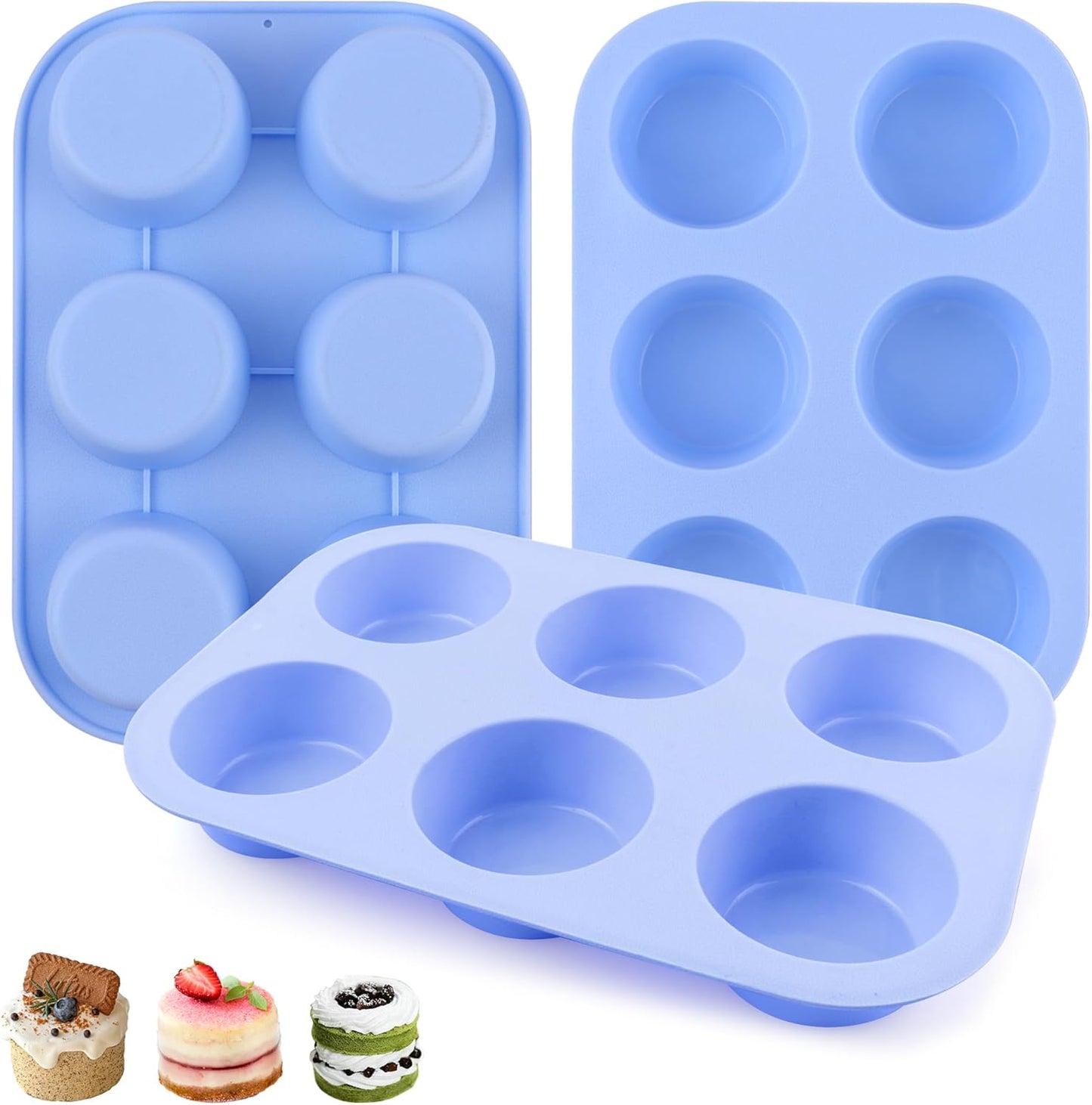 3-Pack 6-Cup Silicone Muffin Pans, Nonstick Cupcake Baking Molds, BPA/PFA-Free, Dishwasher & Oven Safe - Blue