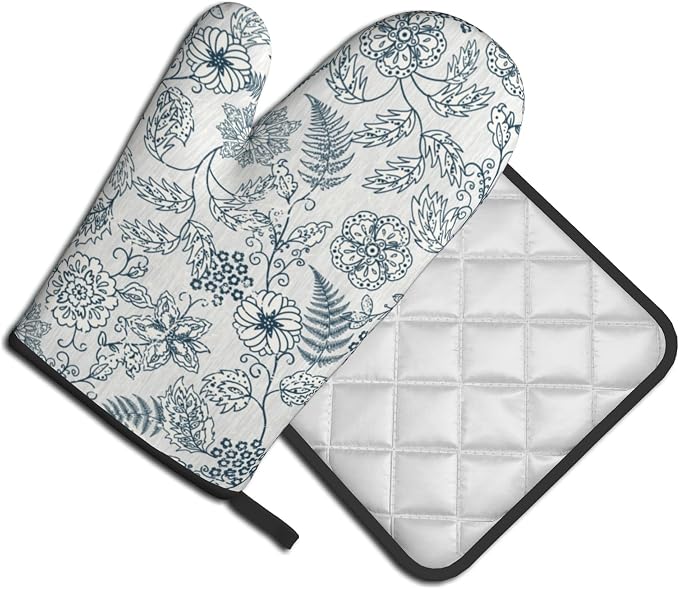 Blue Floral Oven Mitts Set – Vintage Pot Holders Kitchen Gloves - Image 2