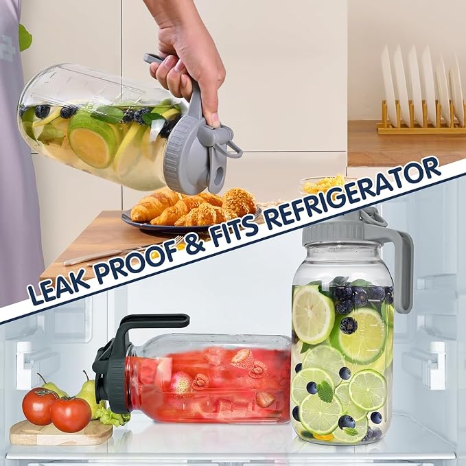 64OZ Glass Pitchers with Lid, Wide Mouth Water Jugs, Leak-Proof Airtight Mason - Image 3