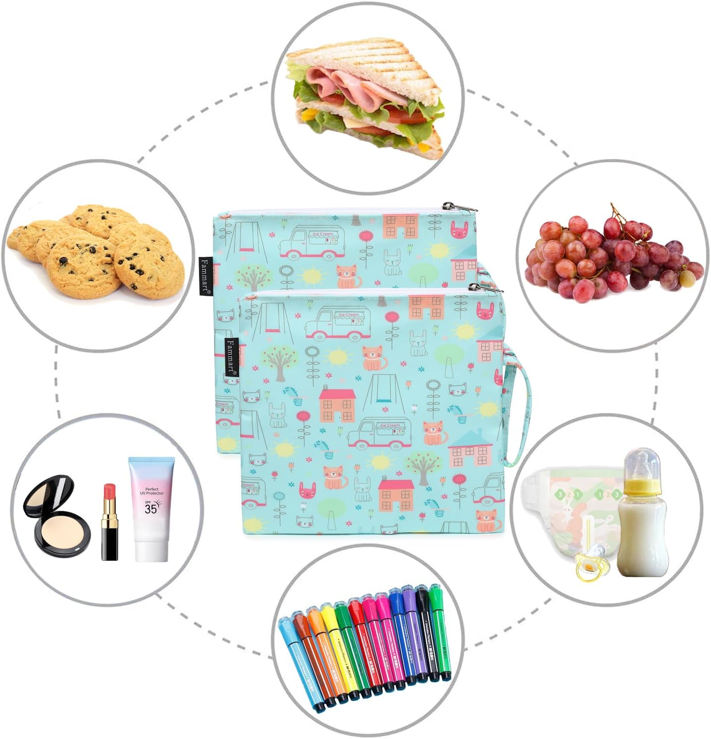 Reusable Sandwich Bag/Snack Bag for Kids & Adults, Dual Layer Lunch Bag with Handle, Washable, Food Safe, BPA Free (2-Pack, Colorful Cat)