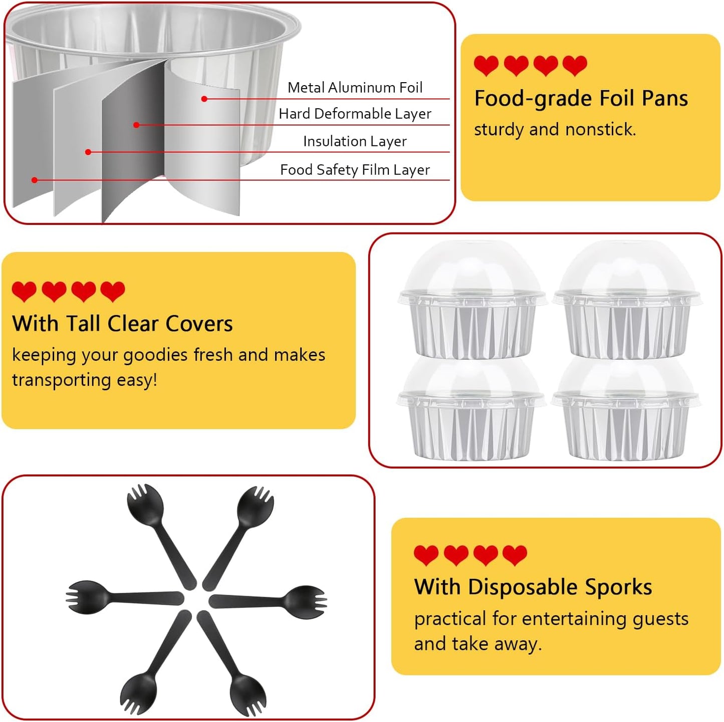 LNYZQUS 5oz Cupcake Pans Muffin Tins with Lids 100 Pack, Aluminum Foil Mini Cake Baking Pans,Small Baking Cups Containers,Disposable Ramekins Muffin Cups -Silver