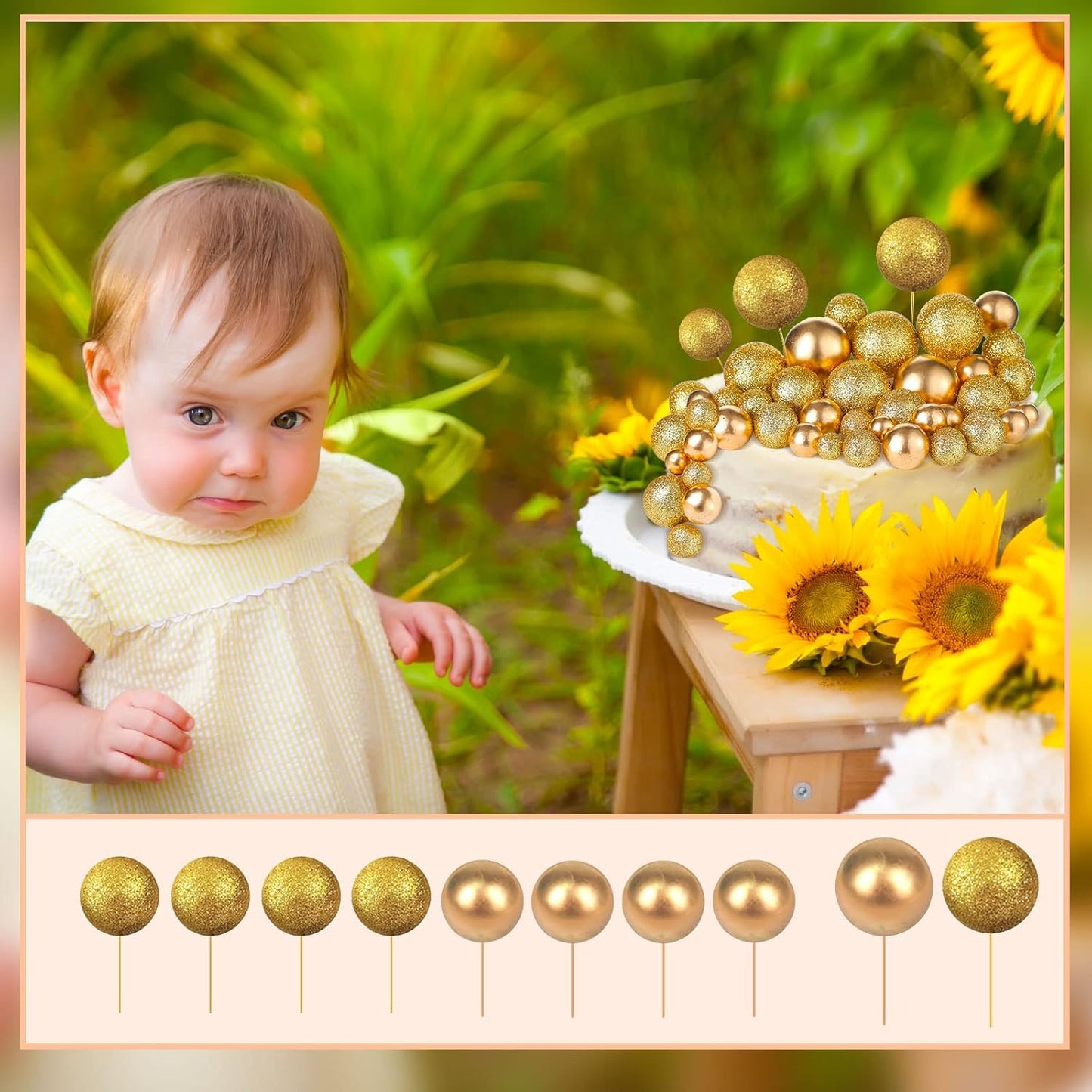 108 Pcs Balls Cake Topper DIY Cupcake Insert Foam Balloons for Cake Baking Wedding Anniversary Birthday Decoration(Glitter Gold, Gold,Multi Sizes)