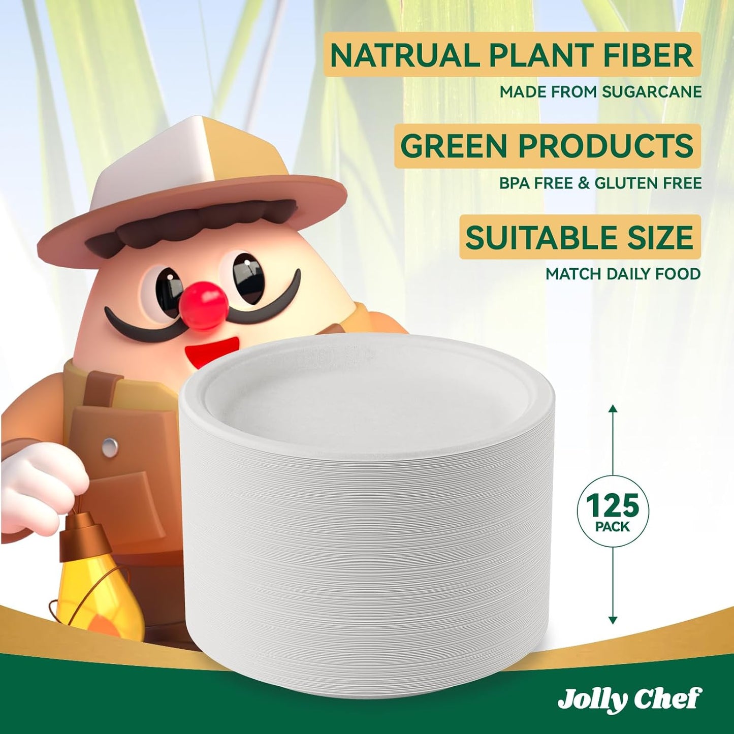 JOLLY CHEF Compostable Heavy Duty Plates 9 Inch [125 Pack] Eco-Friendly Disposable Natural Paper Plates Bagasse Biodegradable Bulk for Party Dinner Sugarcane Fibers Round 125 Count(White)