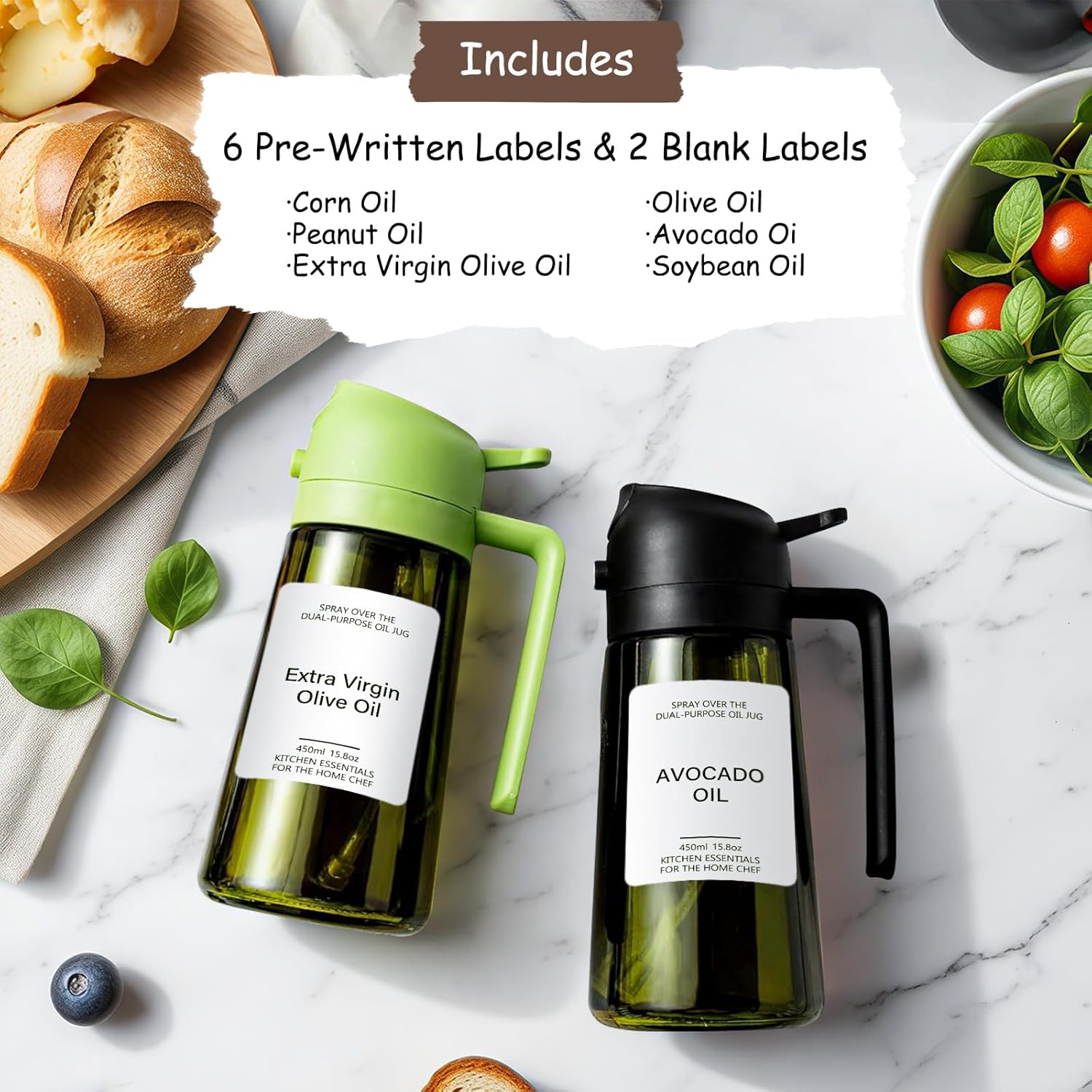 Oil Sprayer for Cooking, Kitchen Goddess 2 in 1 Spray and Pour Olive Oil Dispenser 16oz 450ml Glass Oil Spray Bottle, Mist Olive Oil Dispensing, Air Fryer, Dark Green (green)