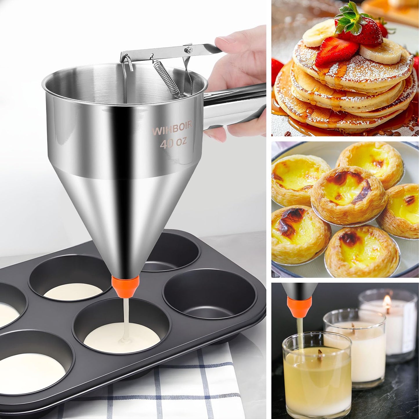 Stainless Steel Pancake Batter Dispenser with Squeeze Handle and Multi-Nozzle, for Pancakes, Cupcakes, and Baked Goods. 20 oz