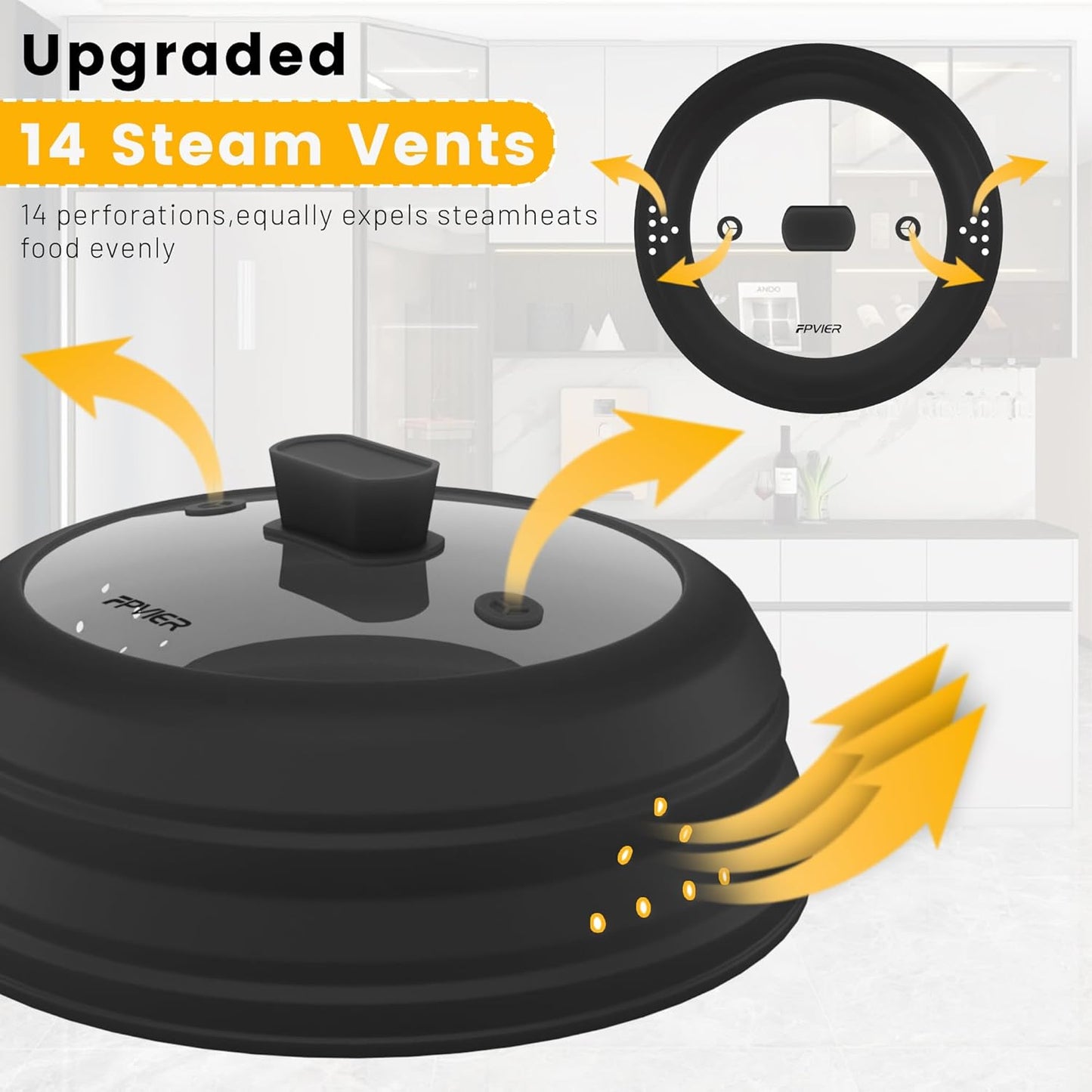 Microwave Splatter Cover, Collapsible Silicone Microwave Plate Cover with Glass for Food Splatter Guard Lid 11.8 inch Black