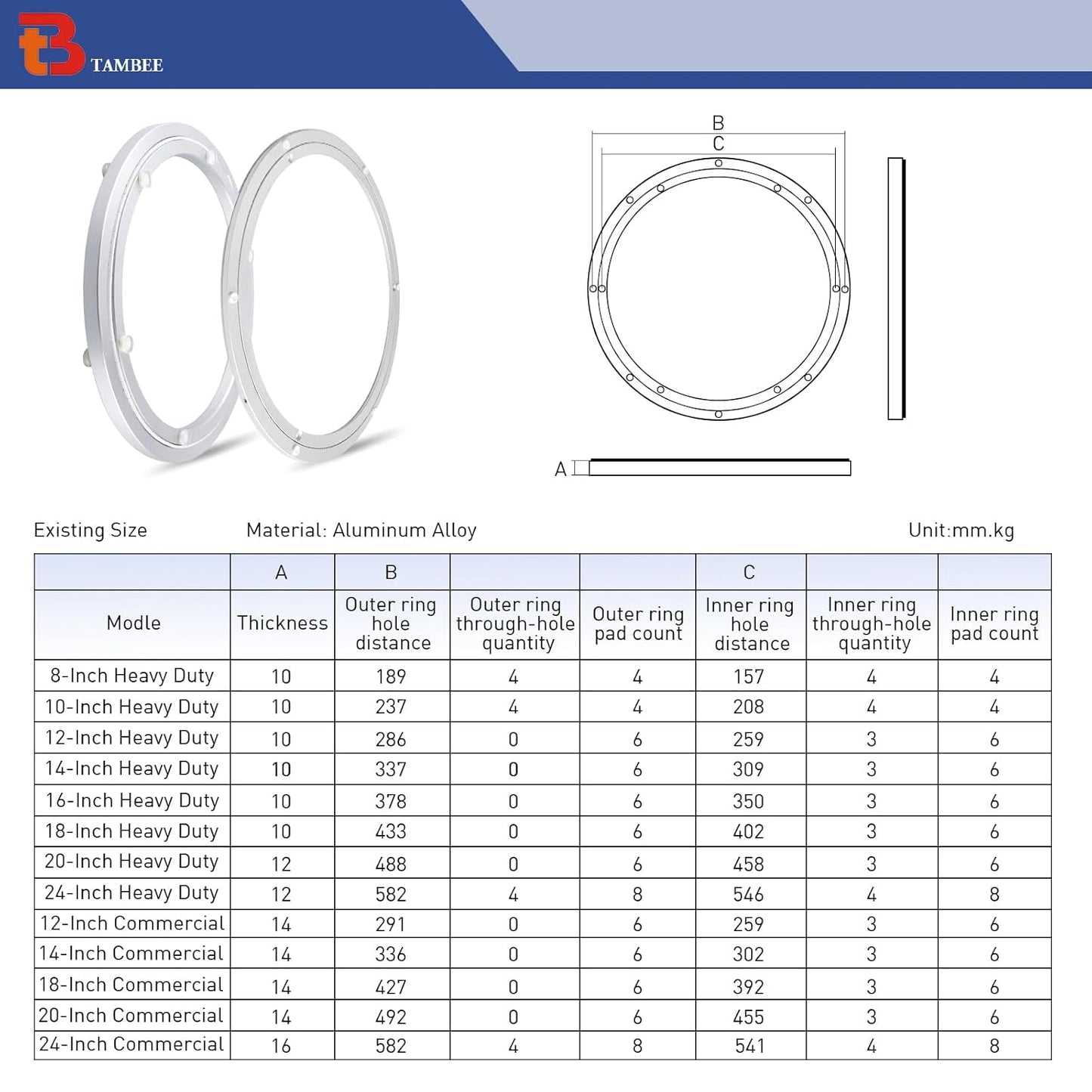TamBee 18 Inch Lazy Susan Hardware Kit - Heavy Duty Aluminum Turntable Bearing with Metal Rotating Ring Mechanism Lazy Susan Parts for Puzzle Boards, DIY Projects (Base Only)