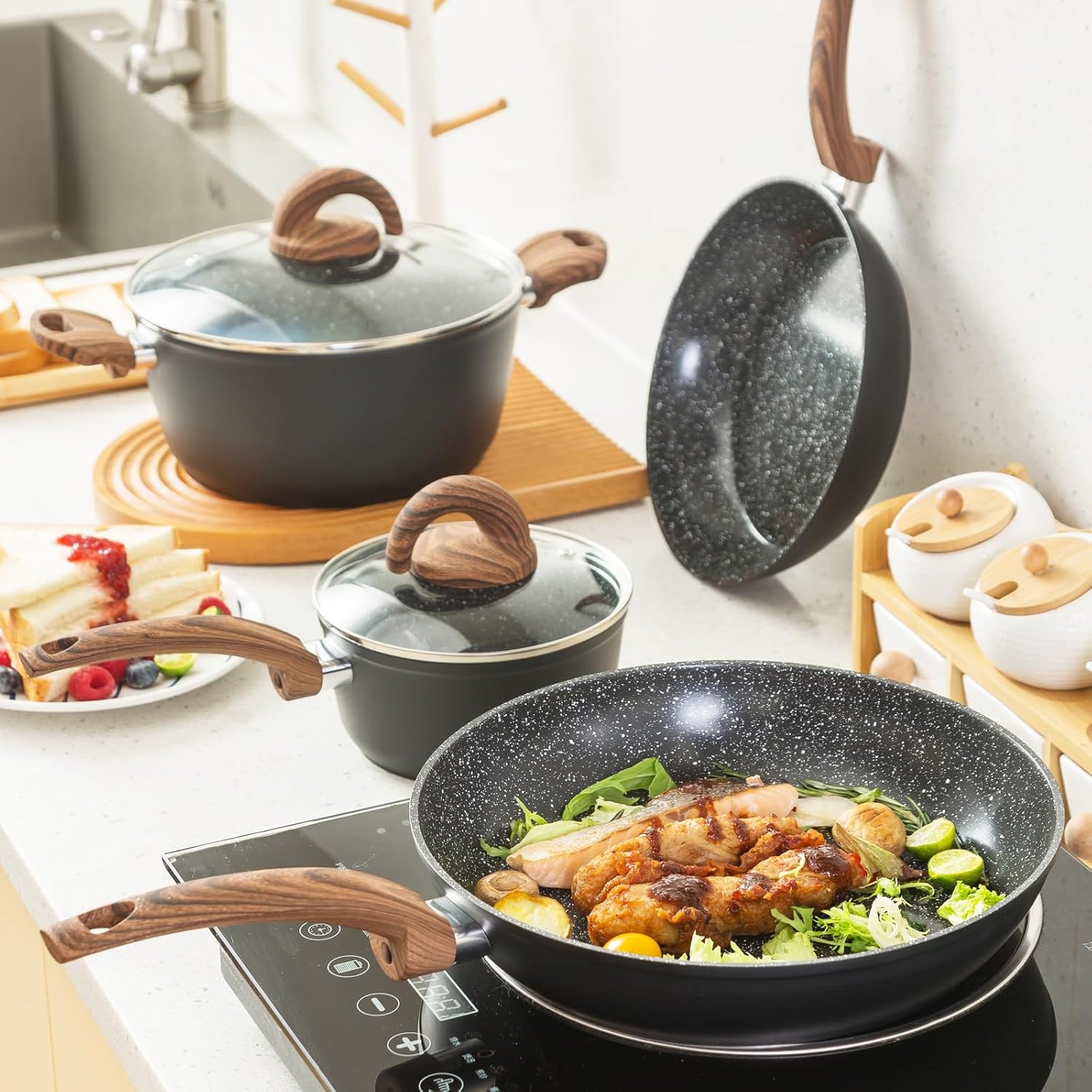 Pots and Pans Set Non Stick, Ceramic Cookware Set with Granite Pattern Kitchen Cooking Sets Induction Pot and Pan w/Frying Pans, Saucepans, Casserole, Non-Toxic, PTFE/PFOA/PFOS-Free, Black