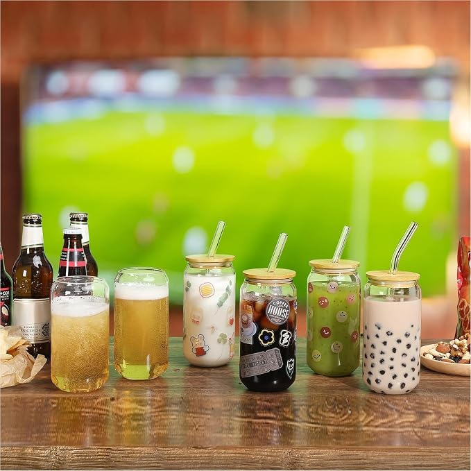 NETANY Drinking Glasses with Bamboo Lids and Glass Straw - 16oz Glass Cups - Image 3