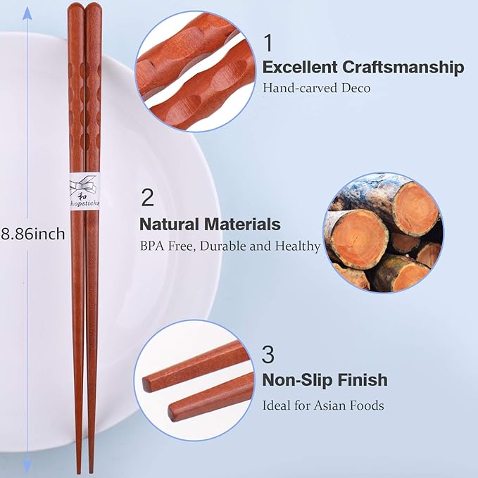 GLAMFIELDS Reusable Chopsticks Japanese Natural Wooden 5 Pairs Classic Style - Image 3