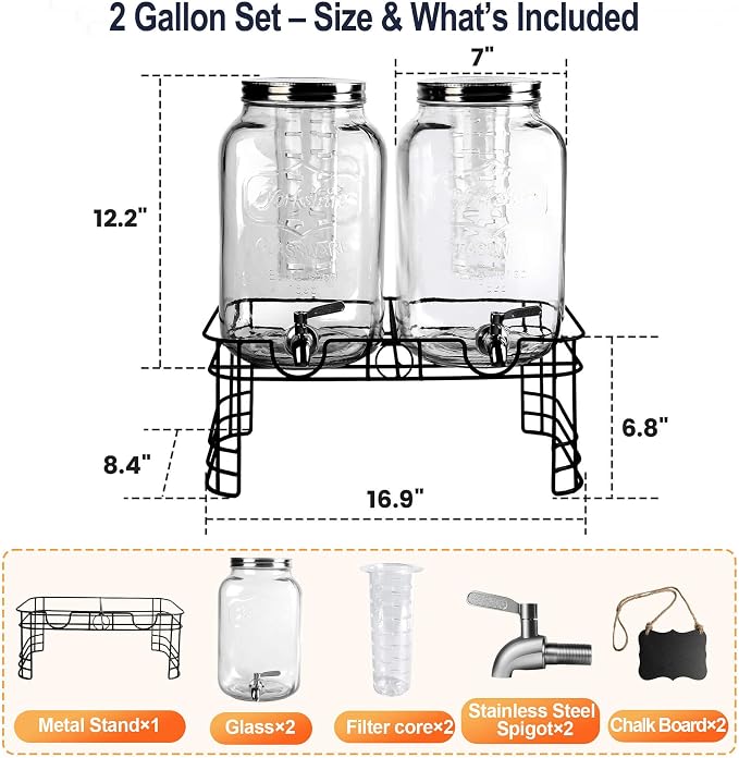 2 Gallon Drink Dispensers for Parties, 2 Pack Glass Beverage Dispenser - Image 2