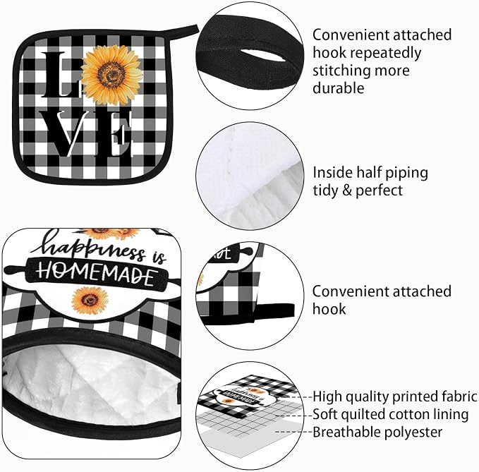 5 Pieces Buffalo Plaid Kitchen Towels Oven Mitts and Pot Holder Set Black and - Image 3