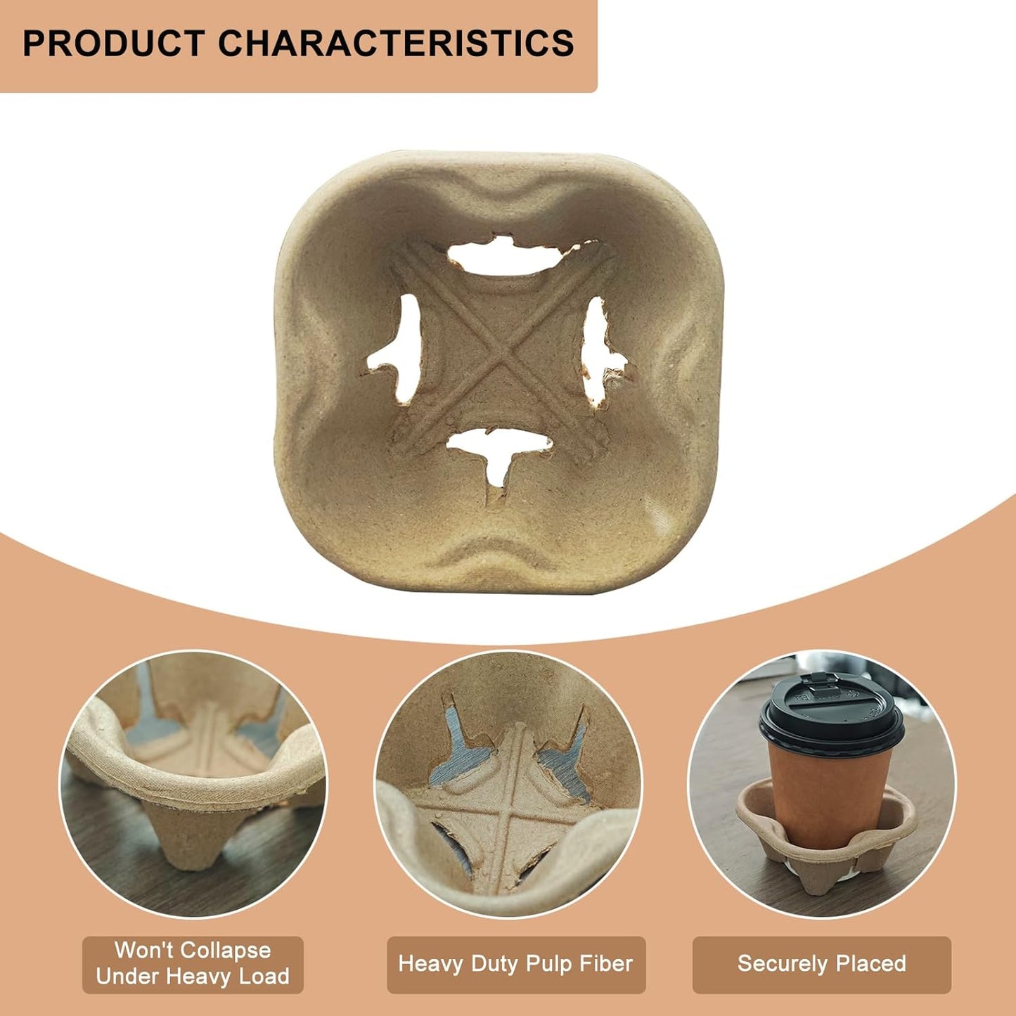 Take-Out Paper Bags And One Drink Paper Trays 100 Pack One Cup Carrier Tray Coffee Cup Holder Disposable Cup Holder Tray,Brown Baper Bags With Handles Bulk (One-cup size)