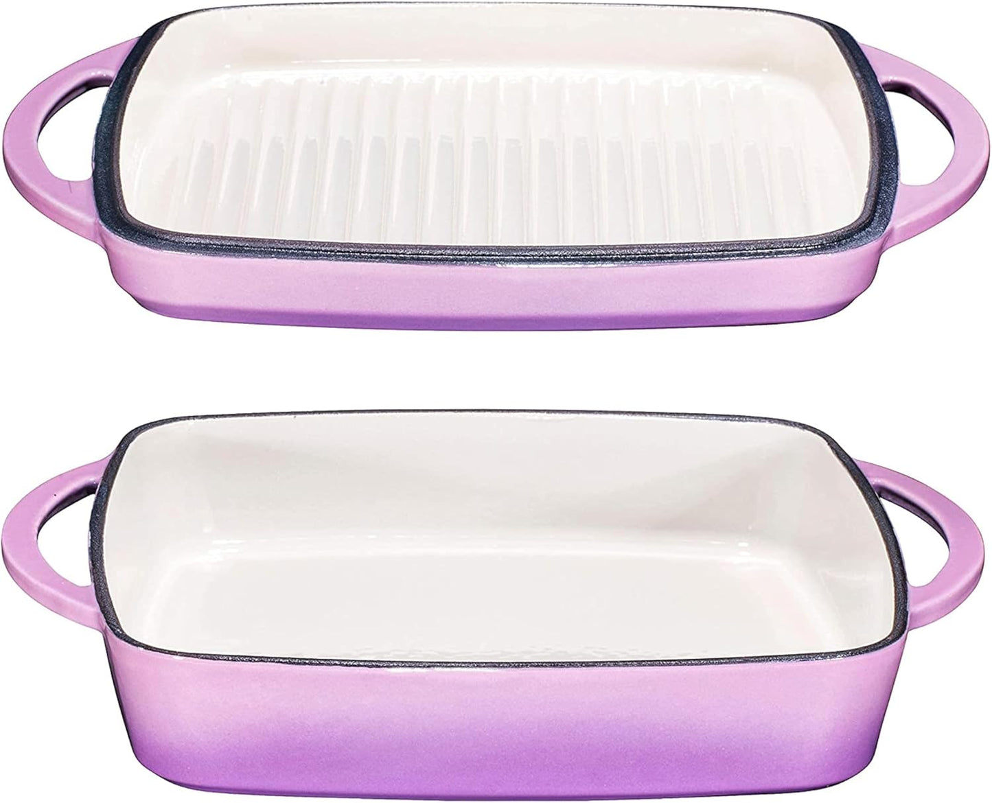 Bruntmor 2-in-1 Square Enamel Cast Iron Dutch Oven Baking Pan with Handles, Purple Baking Pans Set with Cast Iron Skillet, Braising Pan for Casserole Dish with lid, Oven Safe