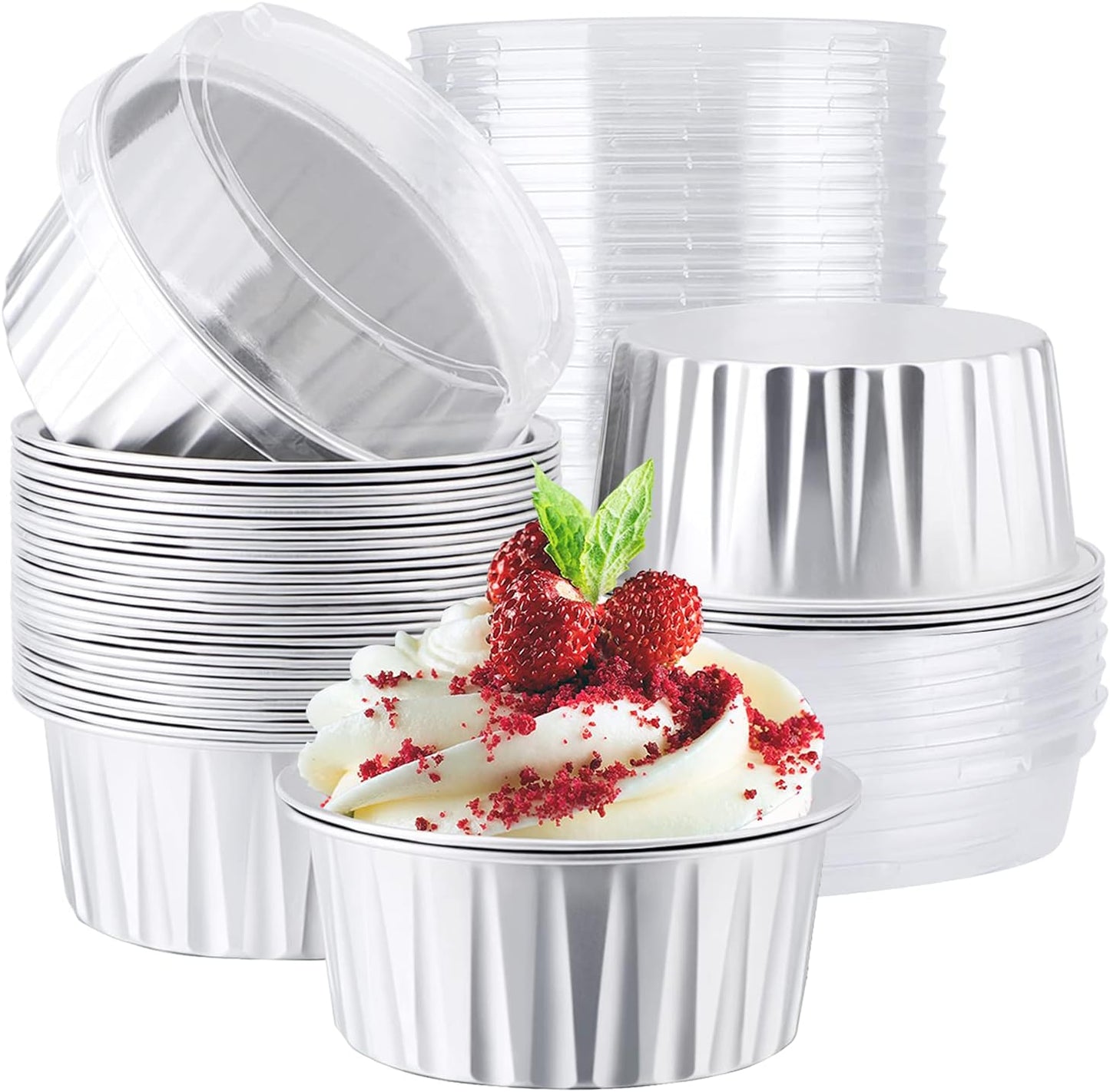 EUSOAR Disposable Foil Baking Cups, 30pcs 5oz Muffin Liners Cups with Lids, Aluminum Cupcake liners Ramekins Pans, Baking Cups, Aluminum Foil Creme Brulee Cupcake Holders Pan Containers