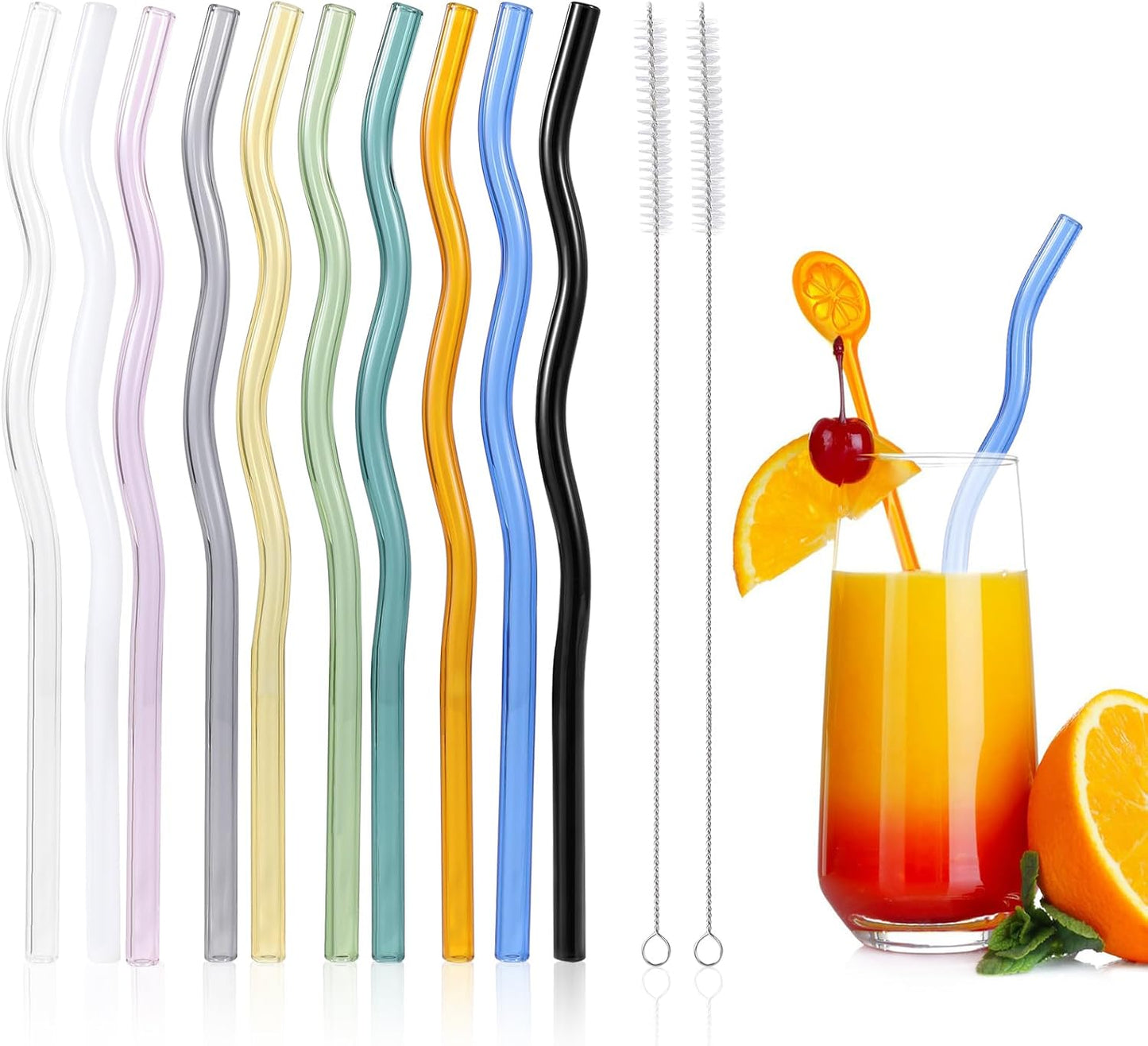 10 Pcs Reusable Wavy Colorful Glass Straws,9''x8 mm Shatter Resistant Cute Drinking Straws with 2 Cleaner Brush for Beverages,Coffee,Juice,Cocktail,Teas