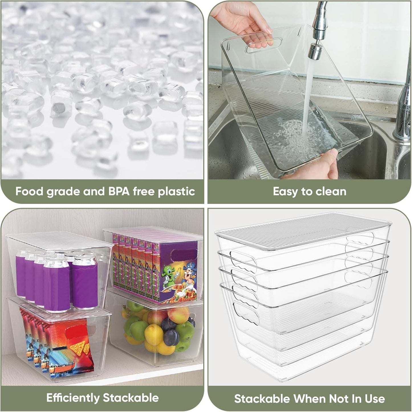 BALEINE Clear Stackable Storage Bins with Lids, Plastic Containers with Handle for Pantry Organizers and Storage, Plastic Bins for Fridge, Kitchen, Bathroom, Cabinet (13x7.4x7, 4PK)
