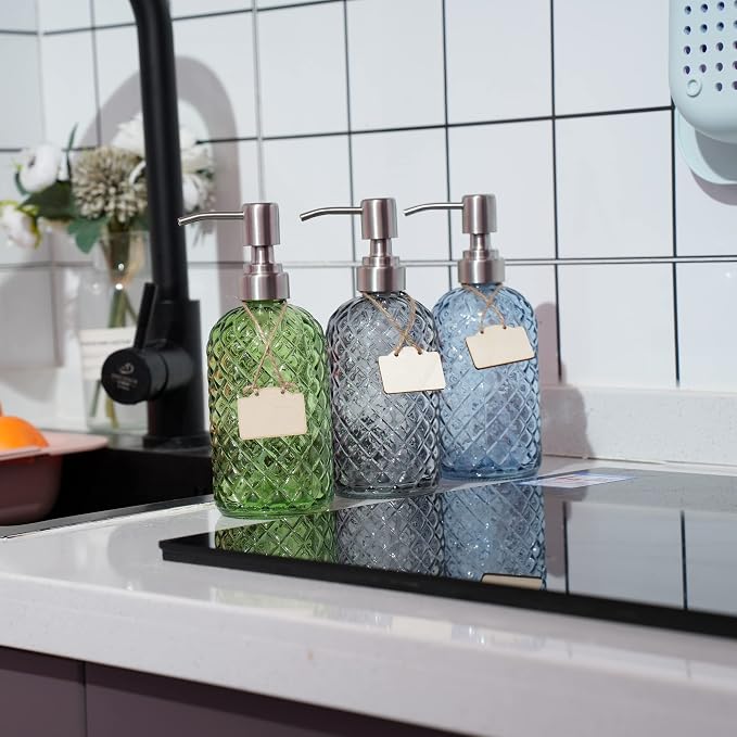 16 oz Diamond Pattern Glass Soap Dispenser, Kitchen and Bathroom Refillable - Image 6