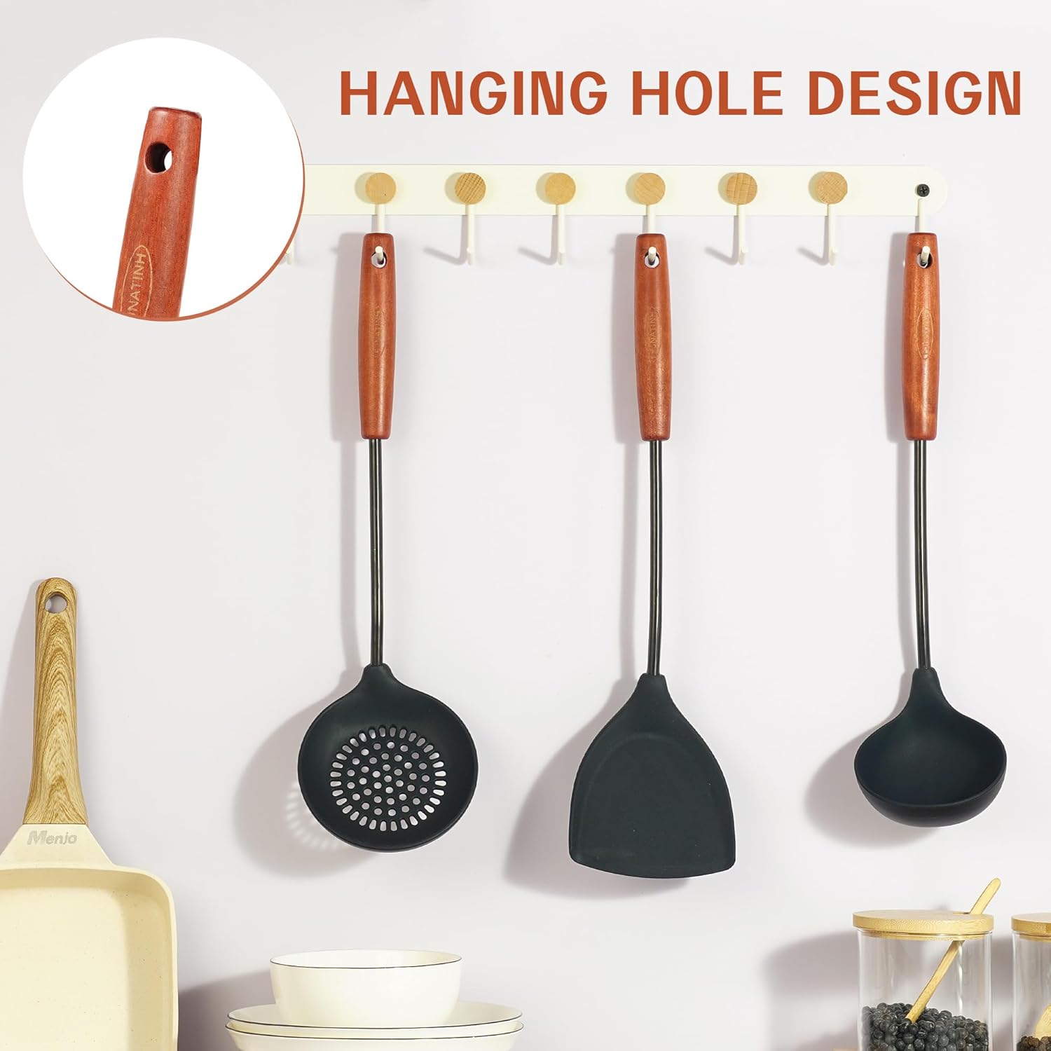 FJNATINH Wok Tools, Wok Utensil,Wok Spatula,Ladle,Skimmer Tool Set,Non Stick Heat-Resistant Silicone Cooking Utensils BPA Free Kitchen Utensils Cookware, Pack of 3,Black