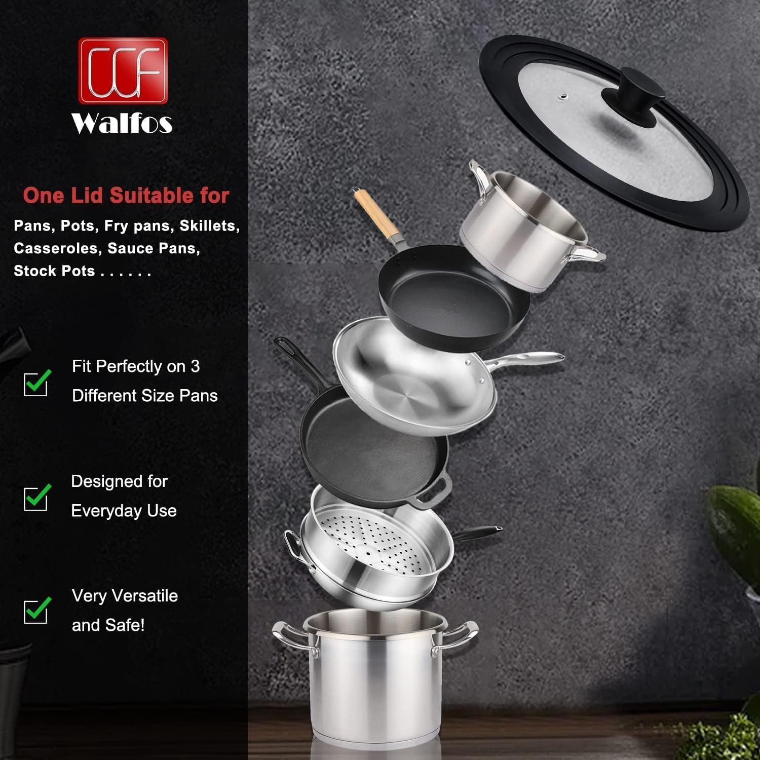 Universal Lid for Pots, Pans and Skillets - Walfos Tempered Glass Pan Lid with Heat Resistant Silicone Rim, Multi-Sizes BPA Free Pot Lids Fits 8", 9" and 9.5" Diameter Cookware, Dishwasher-Safe, Black