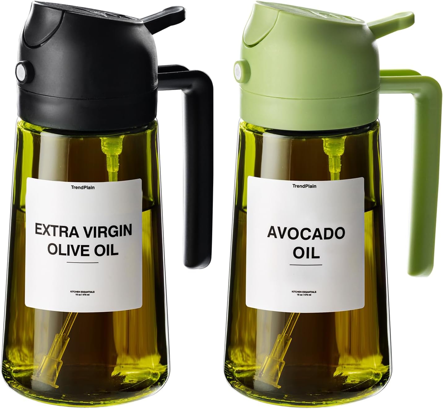 TrendPlain - Original 16oz/470ml Olive Oil Dispenser Bottle for Kitchen Gadgets and Air Fryer Accessories - Olive Oil Sprayer for Cooking w/Stickers - Black&Green