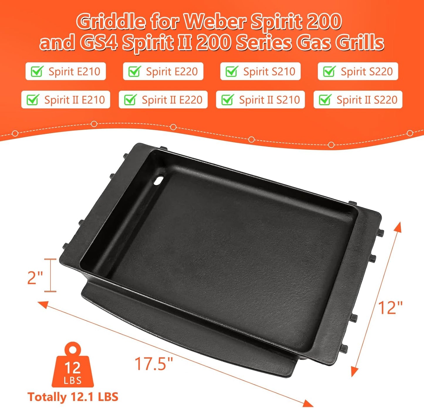 QuliMetal Full-Size Griddle Inserts for Weber Spirit 200 Series, Flat Top Grill Griddle for Weber GS4 Spirit I & II E-210 E-220 S-210 S-220 Gas Grill, Rectangular Griddle Replace for 7658, 7597, 7637