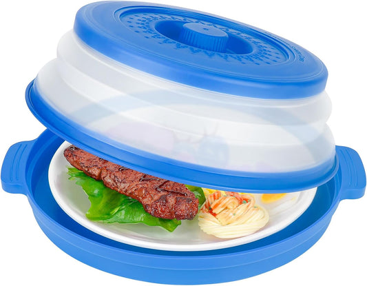 10.7 Inch Microwave Food Cover with Heat Insulation Mat, Anti-Scald Collapsible Microwave Splatter Cover, Multi-Functional as Colander & Fruit Plate, Dishwasher Safe, Ideal for Meal Prep (Dark Blue)