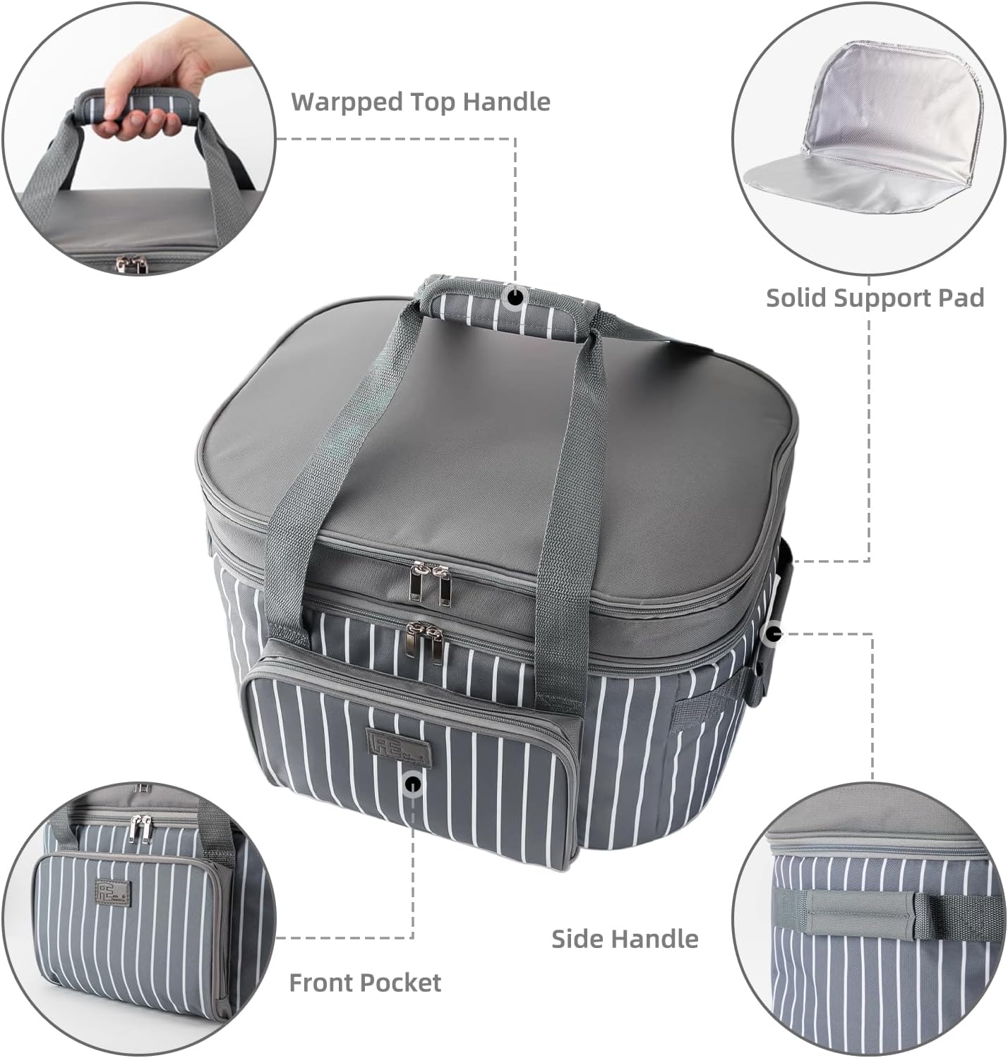 Fun Elements Double Layer Slow Cooker Carrier Bag for 6-8 Quart Oval Crock-Pot, Insulated Crock Pot Travel Bag with Support Pad and Adjustable Straps, Top Zip Compartment and Front Pocket for Utensils