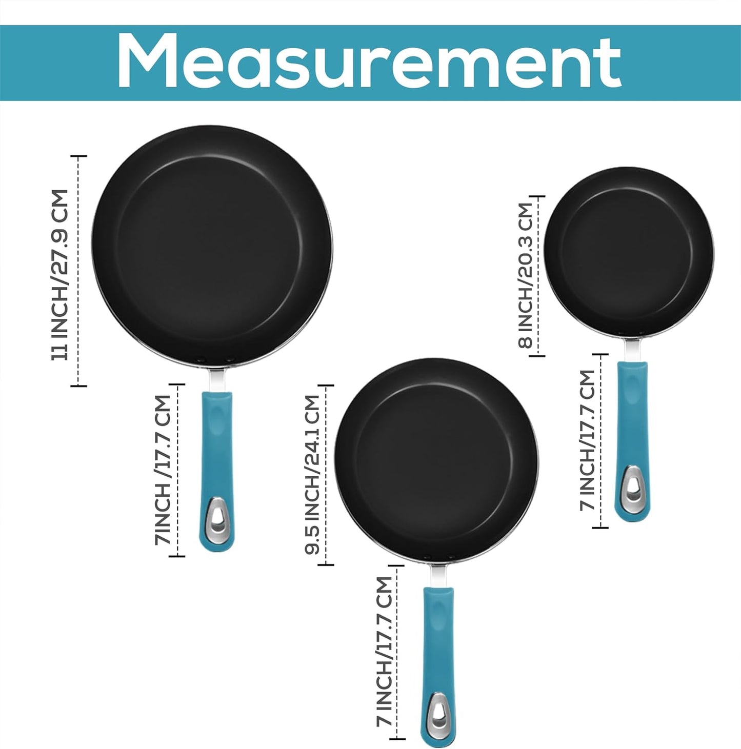 Utopia Kitchen Nonstick Cookware 3 Piece Set, Non-Stick Frying Pans with Induction Bottom, 8, 9.5 & 11 Inches Frying Pans with Bakelite Handles, PFOA Free, Turquoise & Black
