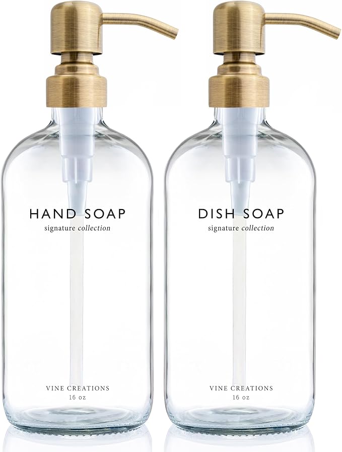 Vine Creations Clear Glass Soap Dispenser Set, Dish Soap and Hand Soap by VineCreations