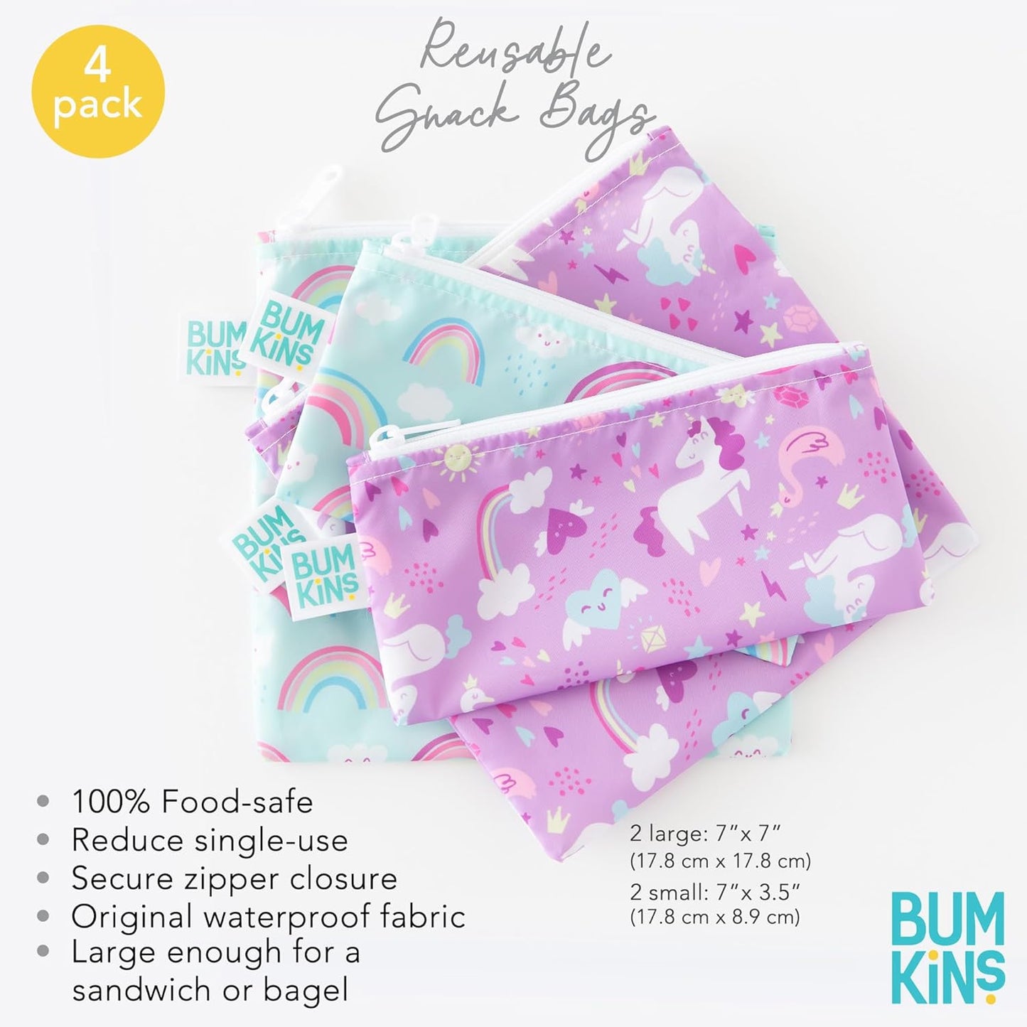 Bumkins - Cloth Snack & Sandwich Bags - For Storage, Travel, Food Prep, Lunch - Reusable, Water Resistant, Washable, Dishwasher Safe - Snack Bags for Kids - Zipper Closure -Unicorns & Rainbows -4 Pack