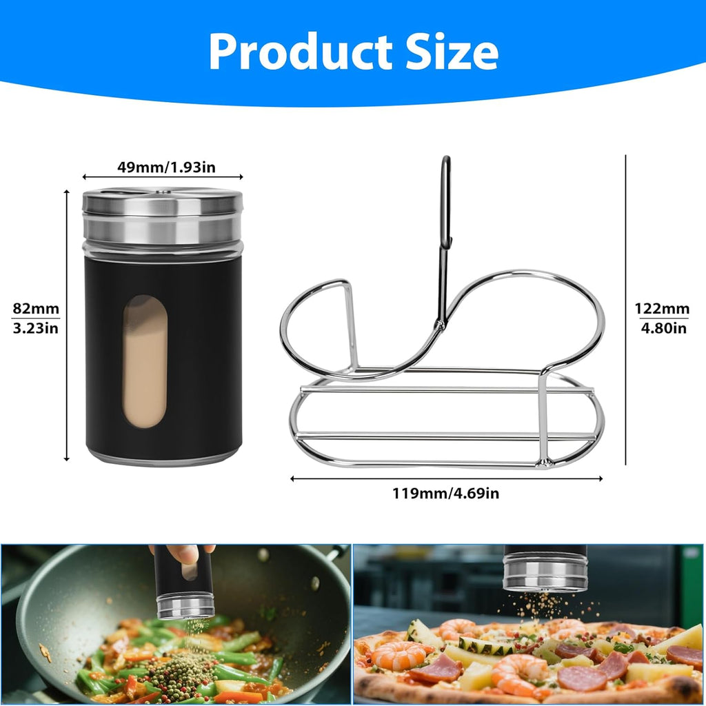 Glass Salt and Pepper Shaker Set with Seasoning Rack, Spice Rack, Adjustable Pour Hole Stainless Steel Lid, 2.8 oz, Spice Dispenser for Salt, Pepper, Spice Preservation (black)