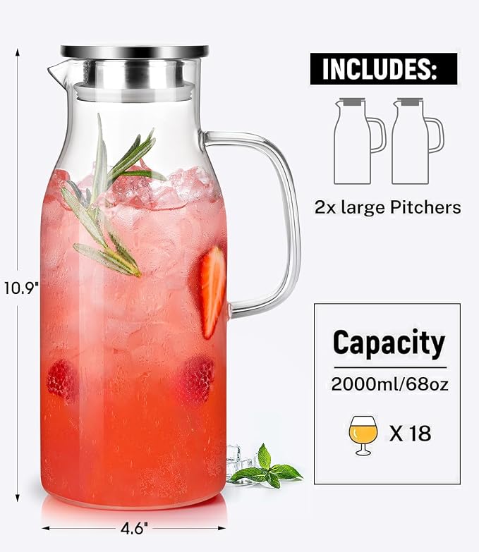 LUNA&MANTHA 2 Pack 2 Liter 68 oz Glass Pitcher - Image 3
