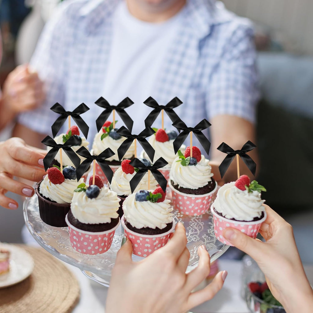 Black Bow Cupcake Toppers, 40 Pcs Bow Cake Topper Birthday Decorations Bowknot Cupcake Picks for Coquette Theme Party Decoration Bachelorette Bridal Engagement Wedding Baby Shower Party Decor
