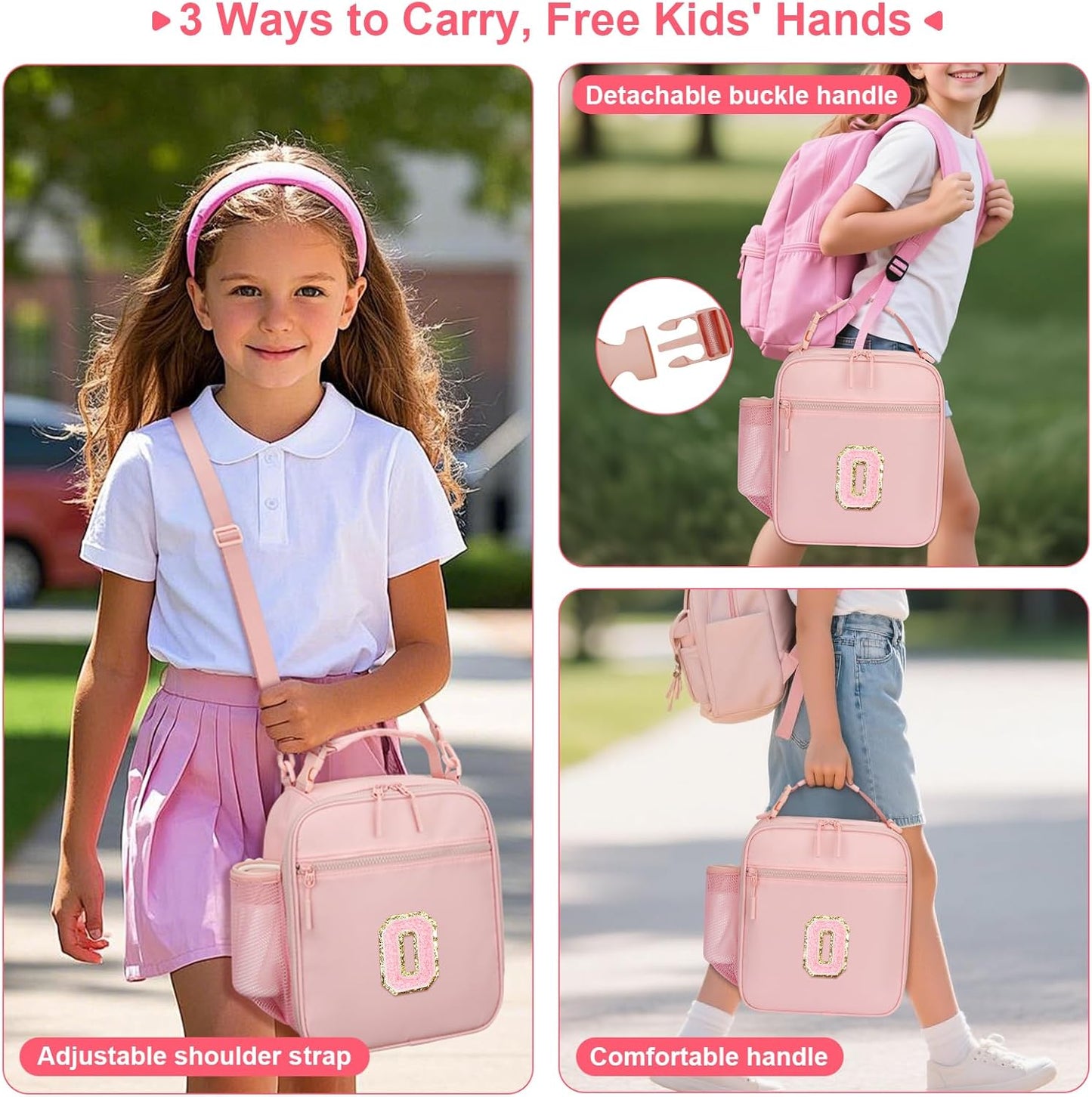 Initial Insulated Lunch Bag for Girls Kids, Back to School Gift, Reusable Leak-proof Lunch Box with Adjustable Strap for School Daycare Travel Picnic (Pink,O)