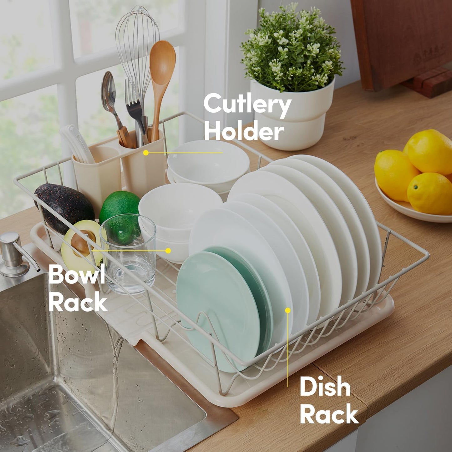 Sweet Home Collection Space-Saving 3-Piece Dish Drainer Rack Set: Efficient Kitchen Organizer for Quick Drying and Storage - Includes Cutlery Holder and Drainboard - Maximize Countertop Space, Beige