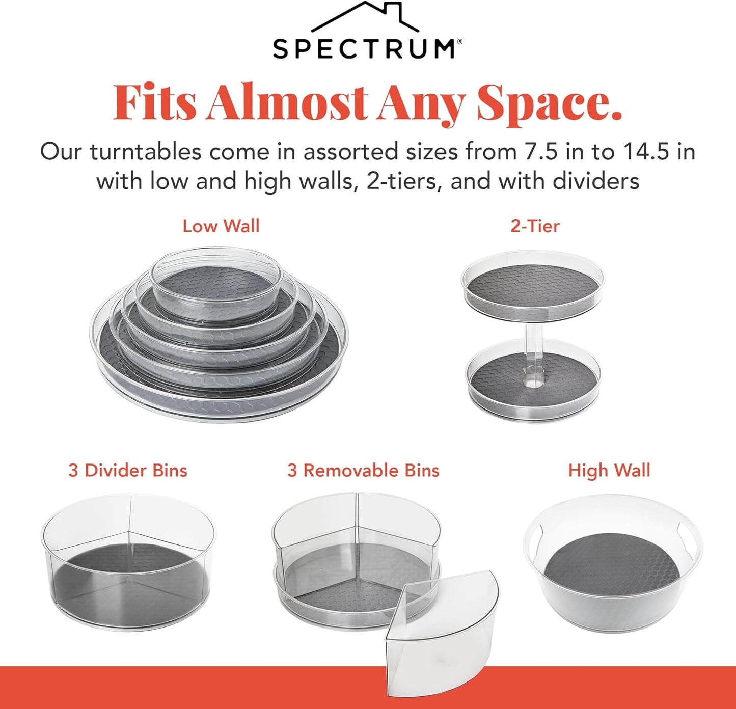 Spectrum Extra Large High Wall Turntable 12.25 in Pack of 2 Charcoal Gray XL Tall Lazy Susan Rotating Organizer for Kitchen Countertop Bath Cabinet Refrigerator Pantry Shelf Under Sink Organization