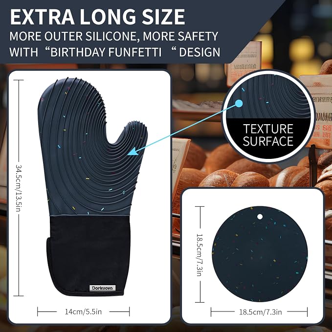 Silicone Oven Mitts, Cotton Lined Gloves, Long Cooking Mitts and Trivet Mats - Image 2