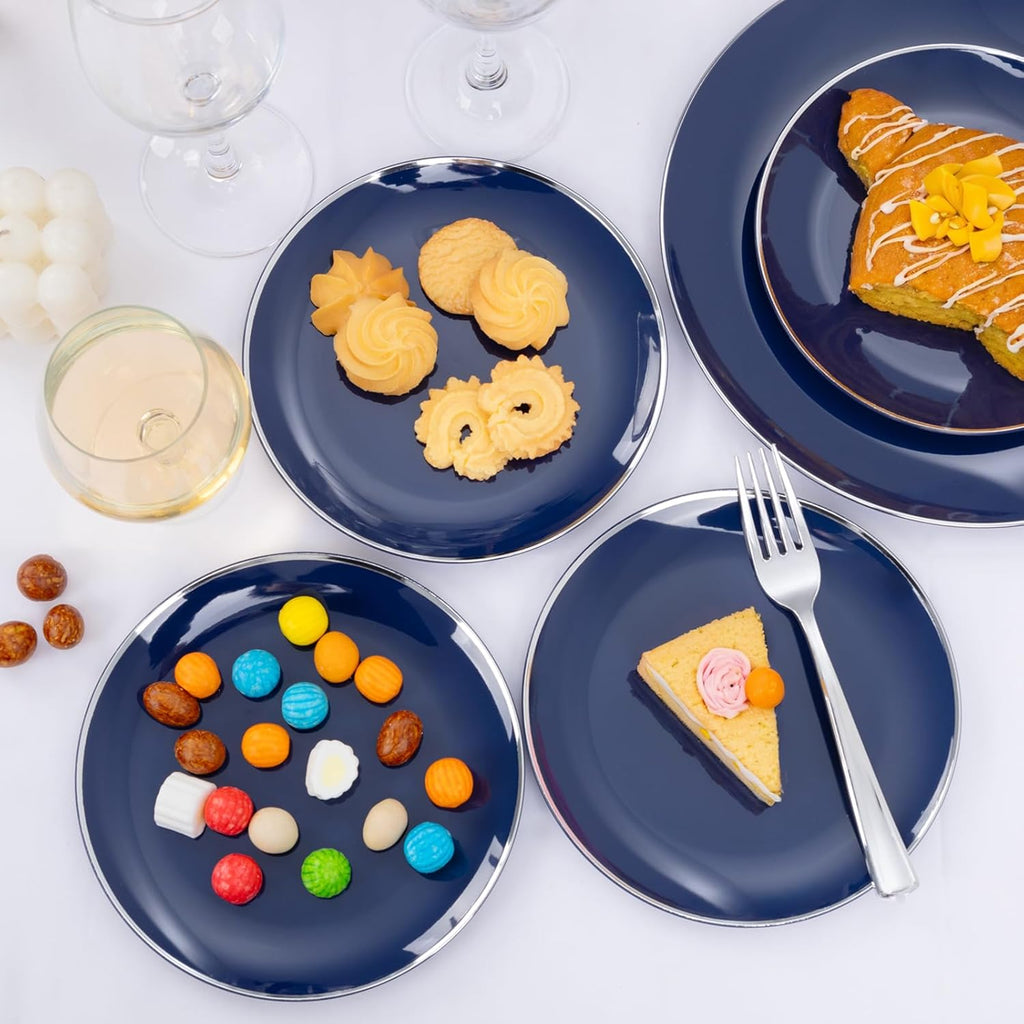 KIRE 200PCS Blue Plastic Plates with Silver Rim - Navy Blue Plastic Plates Include 100 Dinner & Dessert Plate - Heavy Duty Dark Blue Disposable Plate for Parties/Wedding