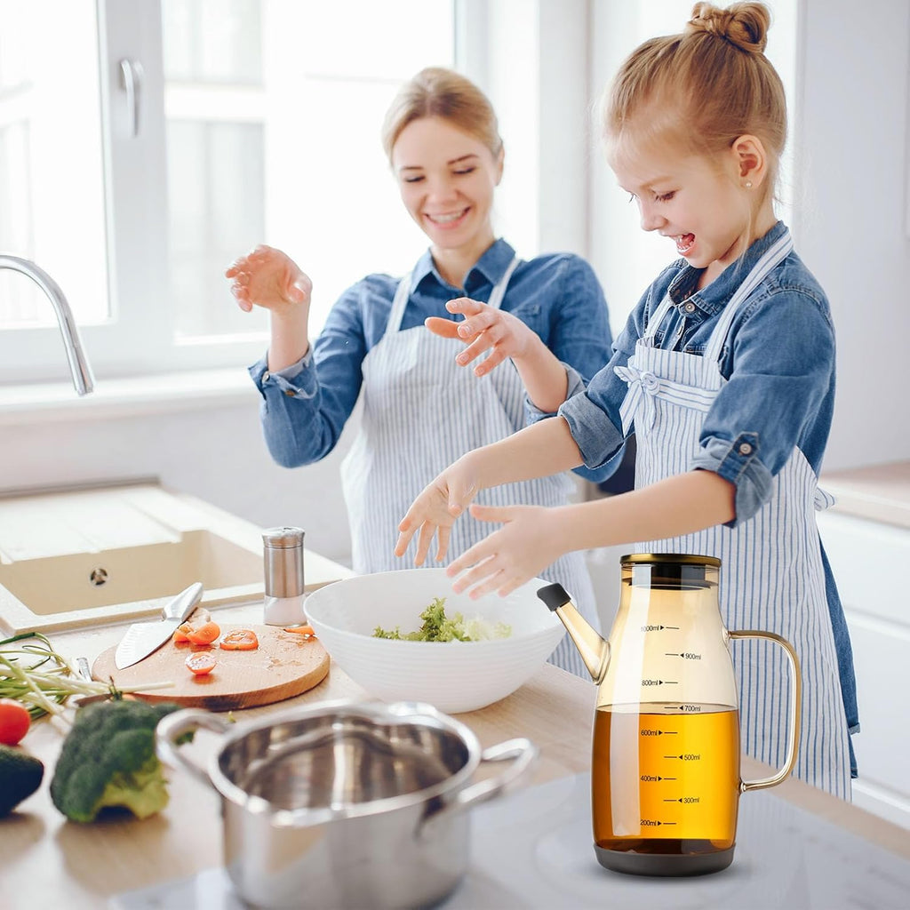 Large Glass Oil Dispenser Bottle for Kitchen Cooking Recipiente Para Aceite De Cocina Olive Oil Vinegar Dispenser Cruet Stainless Steel Lid No Drip Liquid Container (Champagne, 34oz /1000ml)