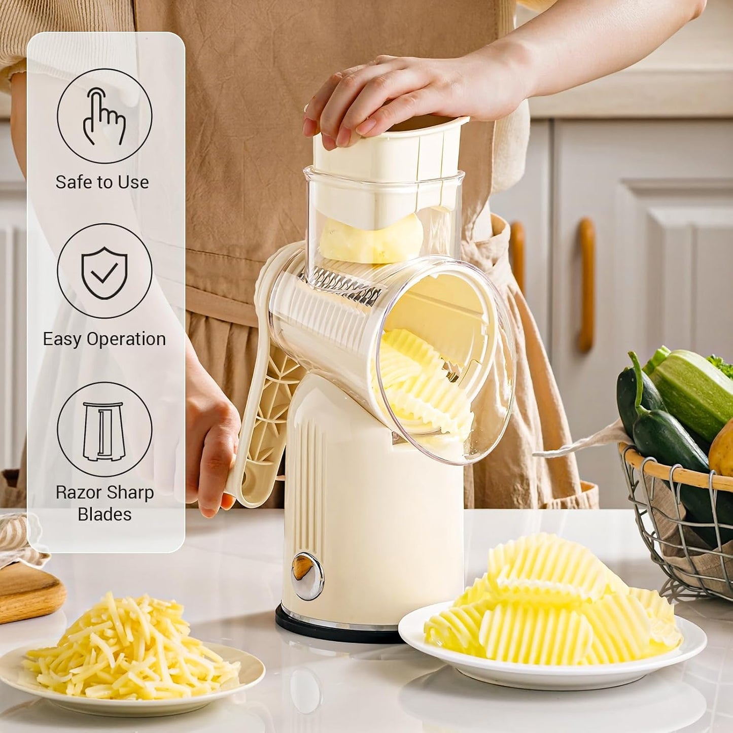Rotary Cheese Grater Hand Crank,Emojoy 5-in1 Cheese Shredder Vegetable Chopper with Strong Suction Base, Rotary Cheese Graters for kitchen with Blade Storage Box, Included Cheese Slicer and Peeler