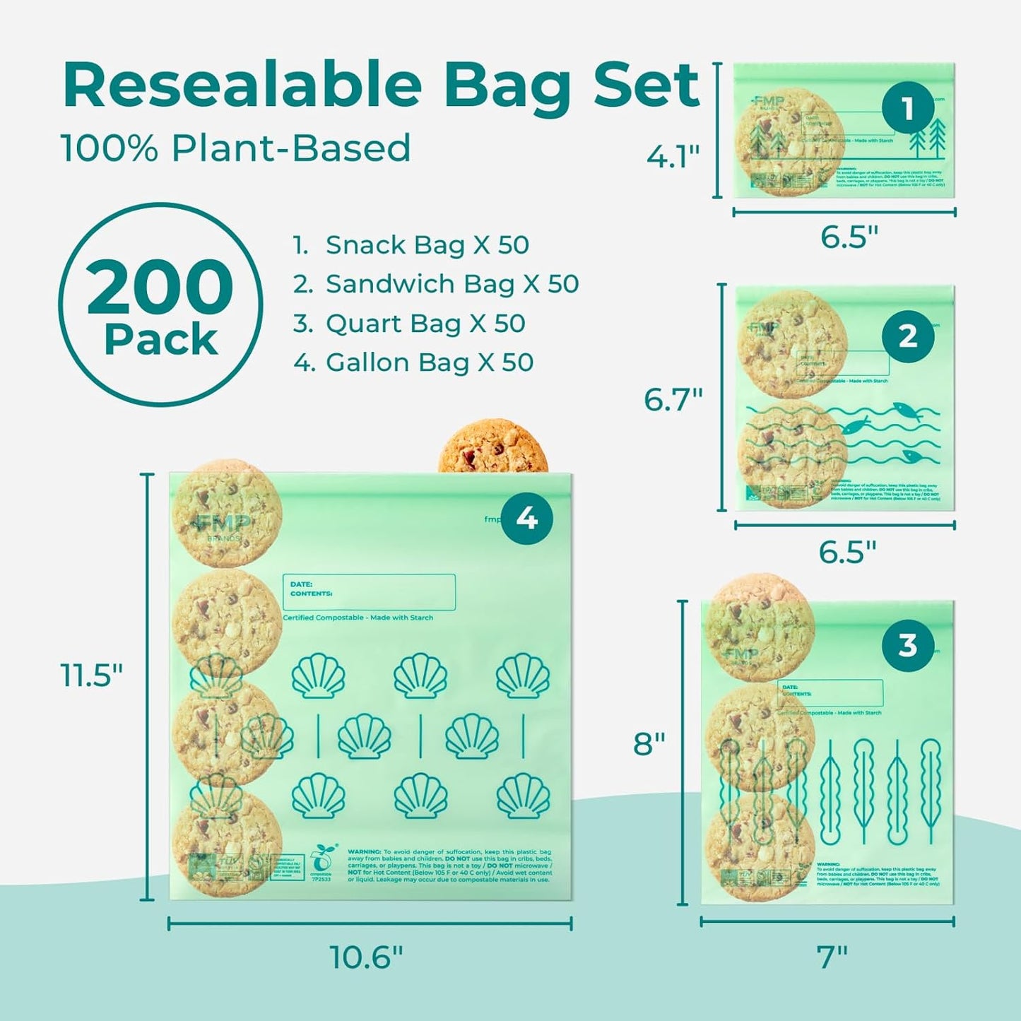 Fit Meal Prep 100% Compostable Food Storage Bags Set, Resealable Bags Plant-Based Freezer Bag for Food, ASTM D6400, US BPI & EU OK Compost Certified