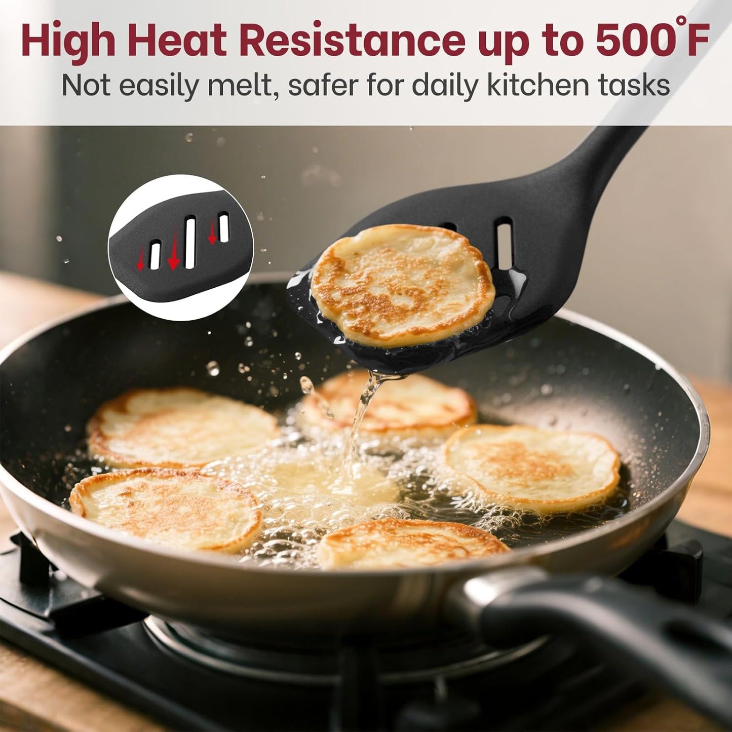 Silicone Spatula Set (BPA-Free), Ultra Heat Resistant Spatulas for Non-Stick Pans, 2 Pack Solid & Slotted Silicone Turner, One-Piece Cooking Spatula Turners for Kitchen Use, Black